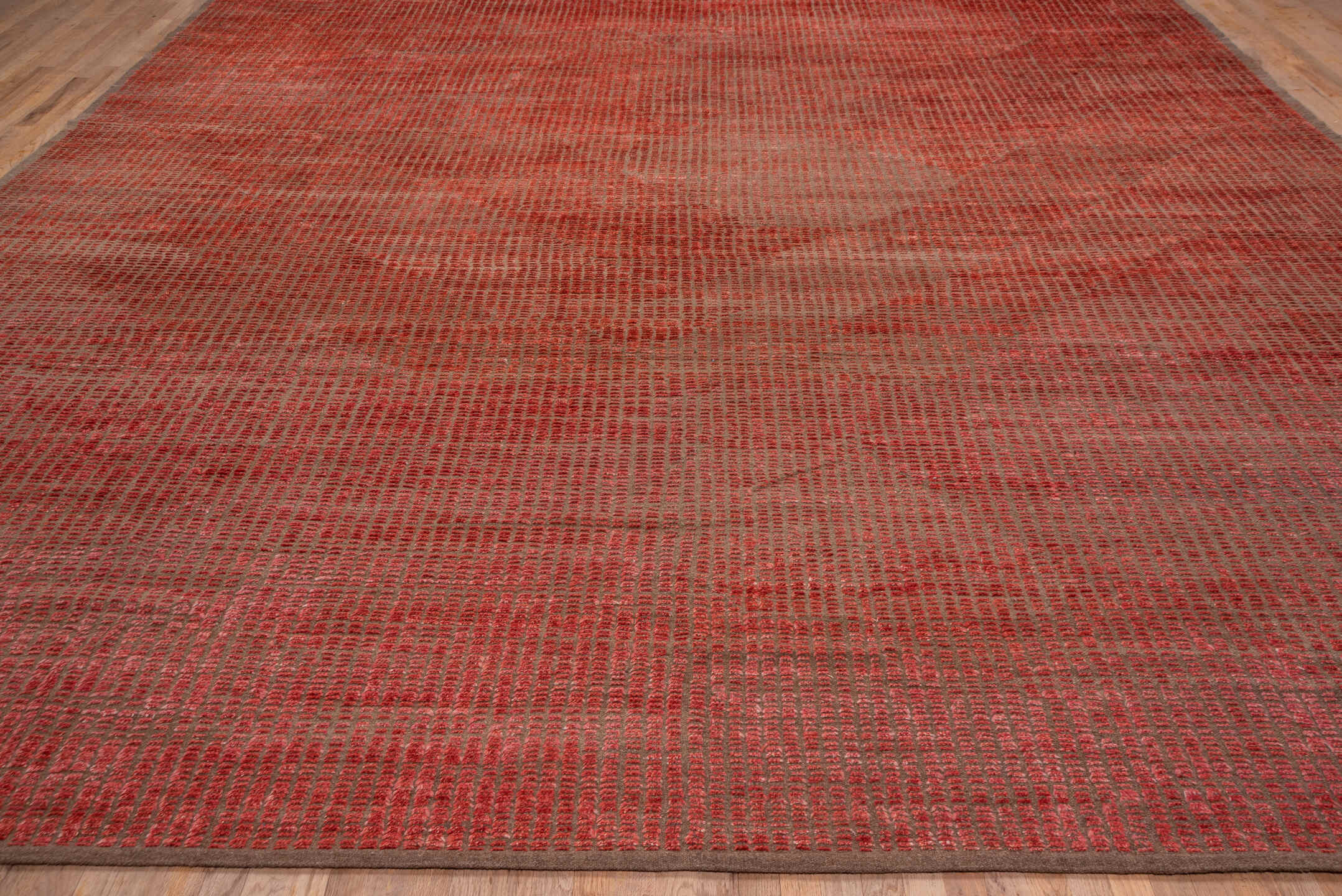 13' x 16' one-of-a-kind handmade vintage Moroccan oversize rug. Color palette: brown, dark salmon, pink, red, redwood
