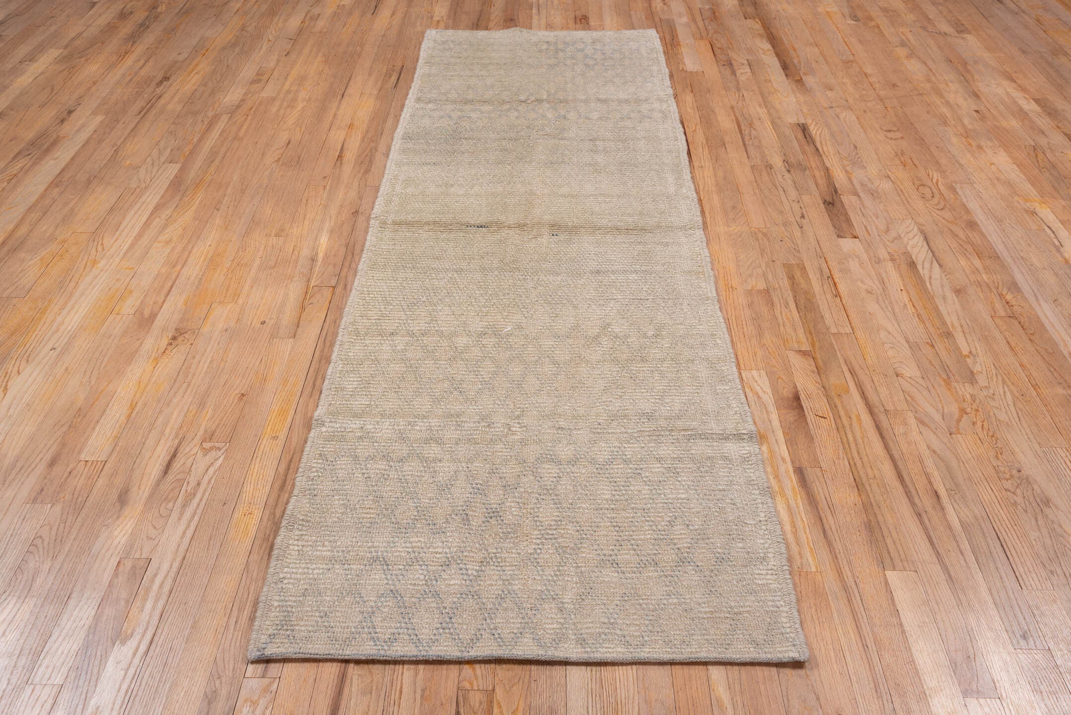 3' x 9' one-of-a-kind handmade vintage Moroccan runner rug. Color palette: ivory, beige, taupe, light gray, gray