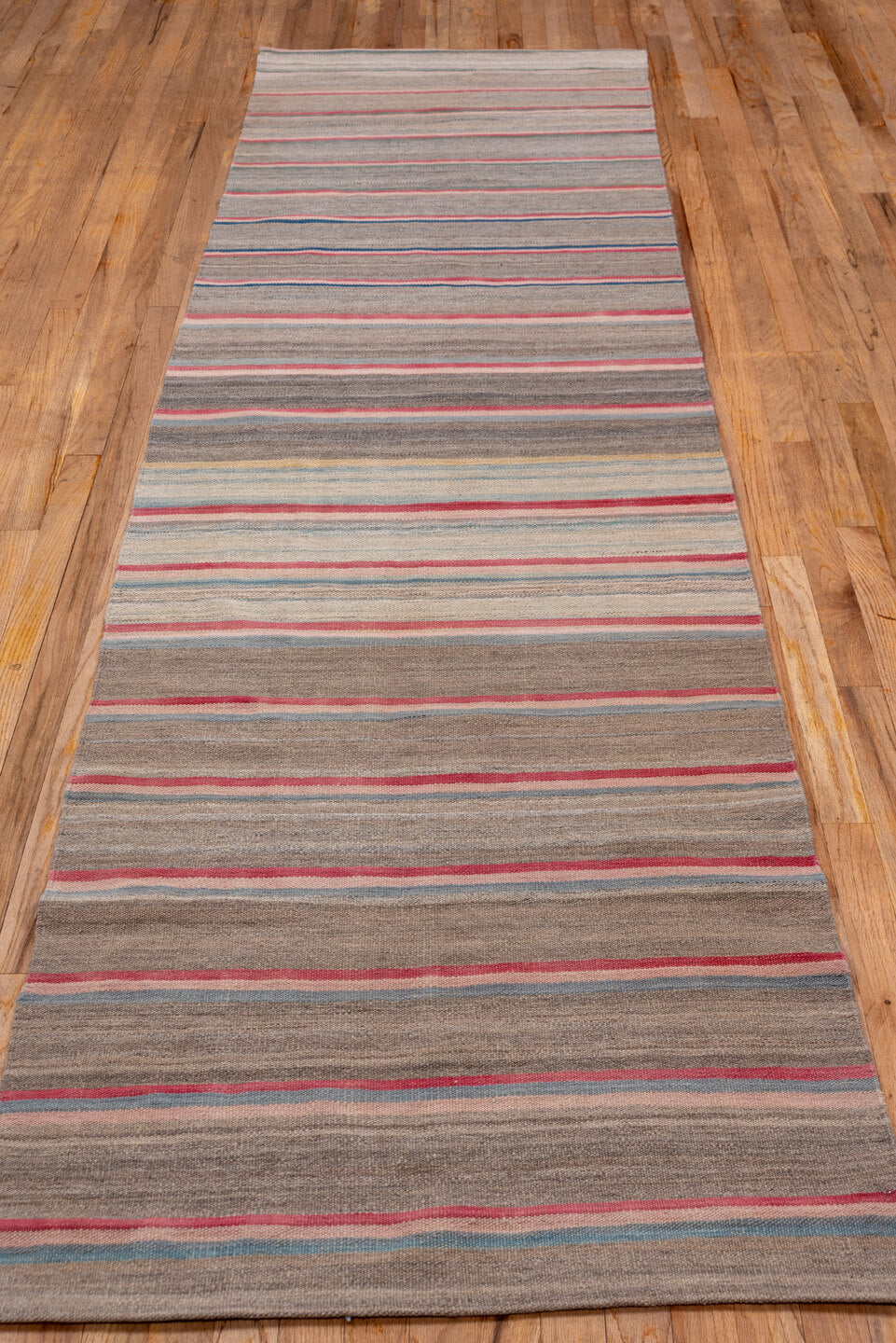 2' x 11' one-of-a-kind handmade vintage Kilim runner rug. Color palette: blue, fiord, gray, light gray, off-white, pink