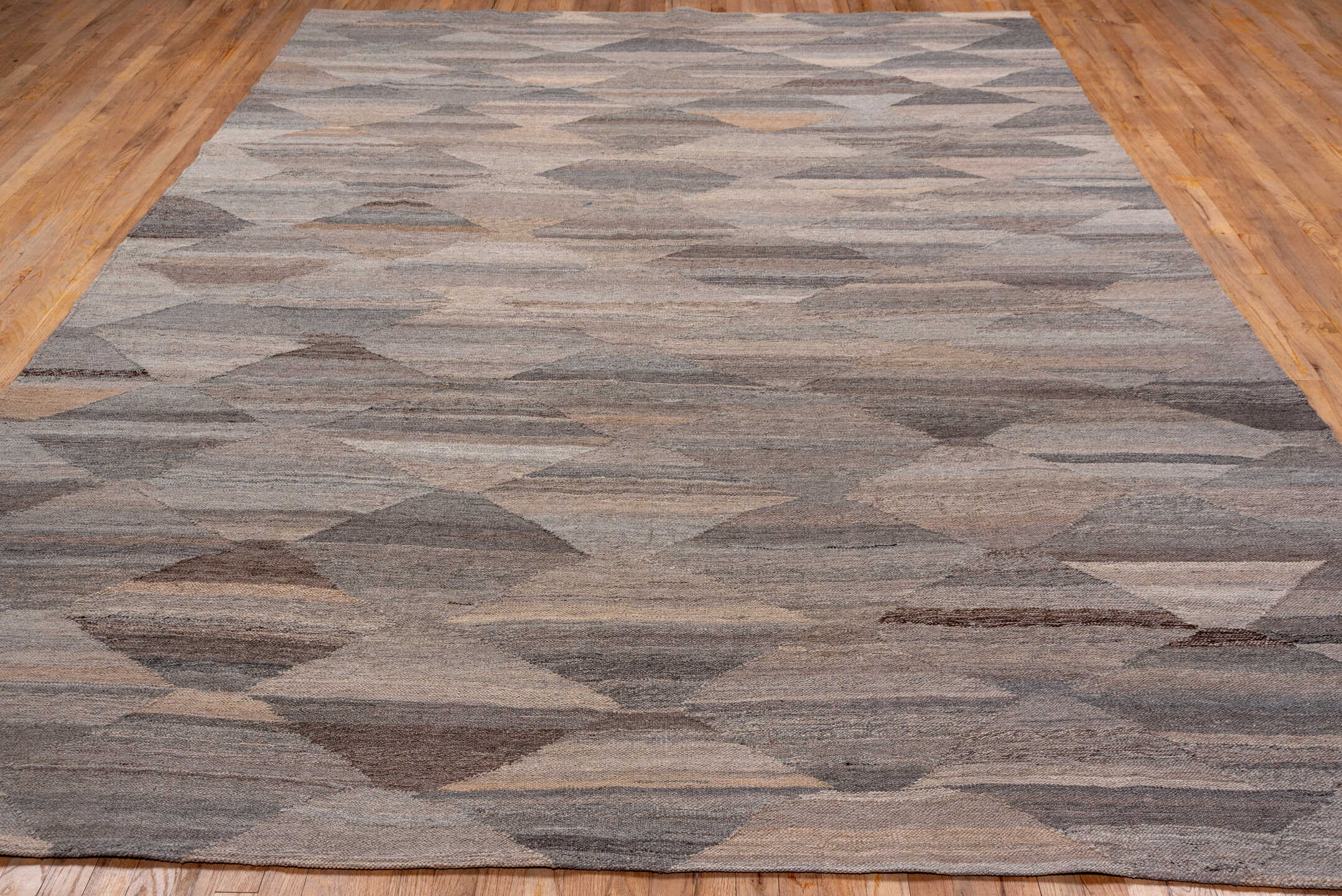 8' x 11' one-of-a-kind handmade vintage Kilim large size rug. Color palette: brown, gray, light gray, off-white, pink