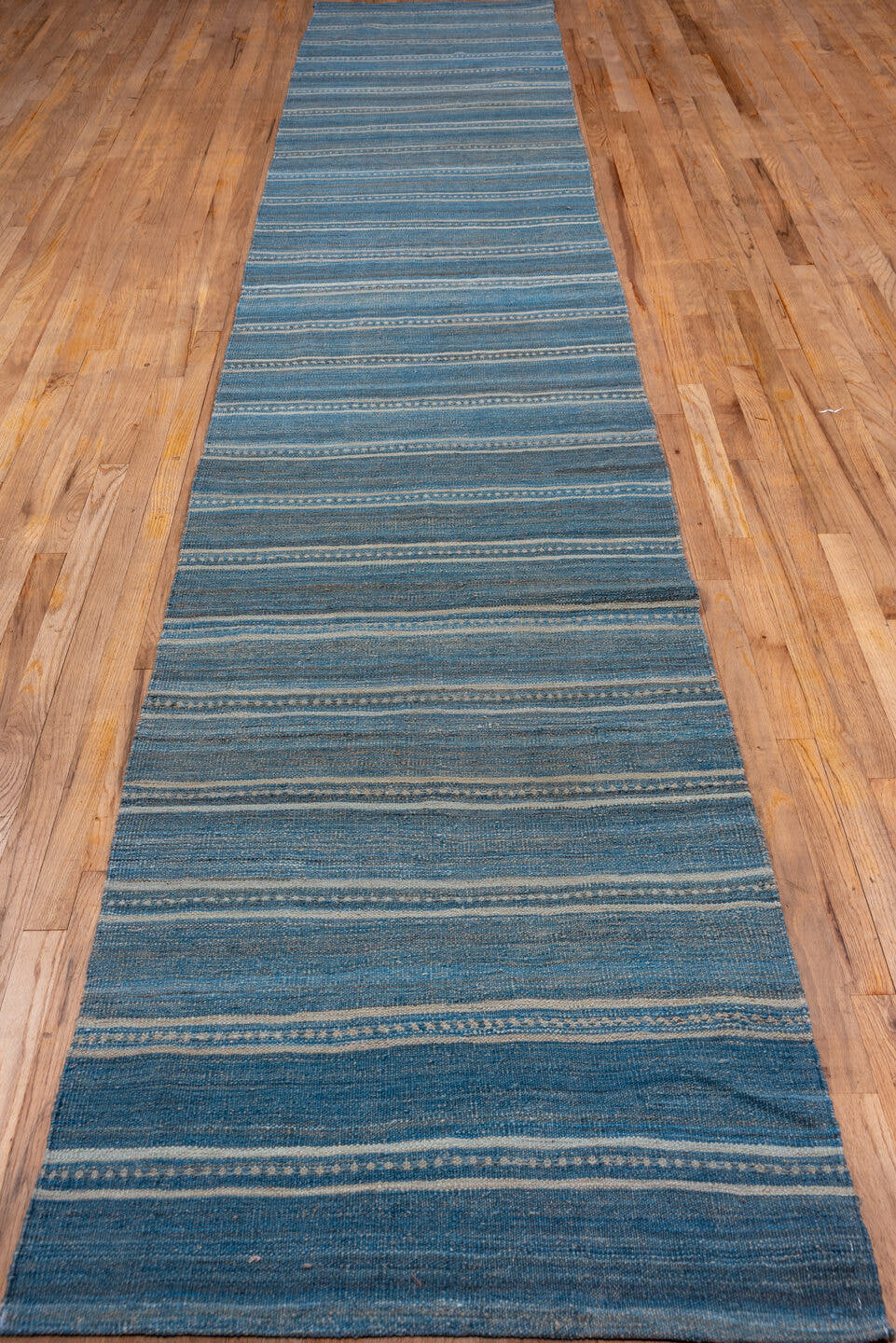2' x 18' one-of-a-kind handmade vintage Kilim runner rug. Color palette: blue, ivory, taupe, slate, beige, gray