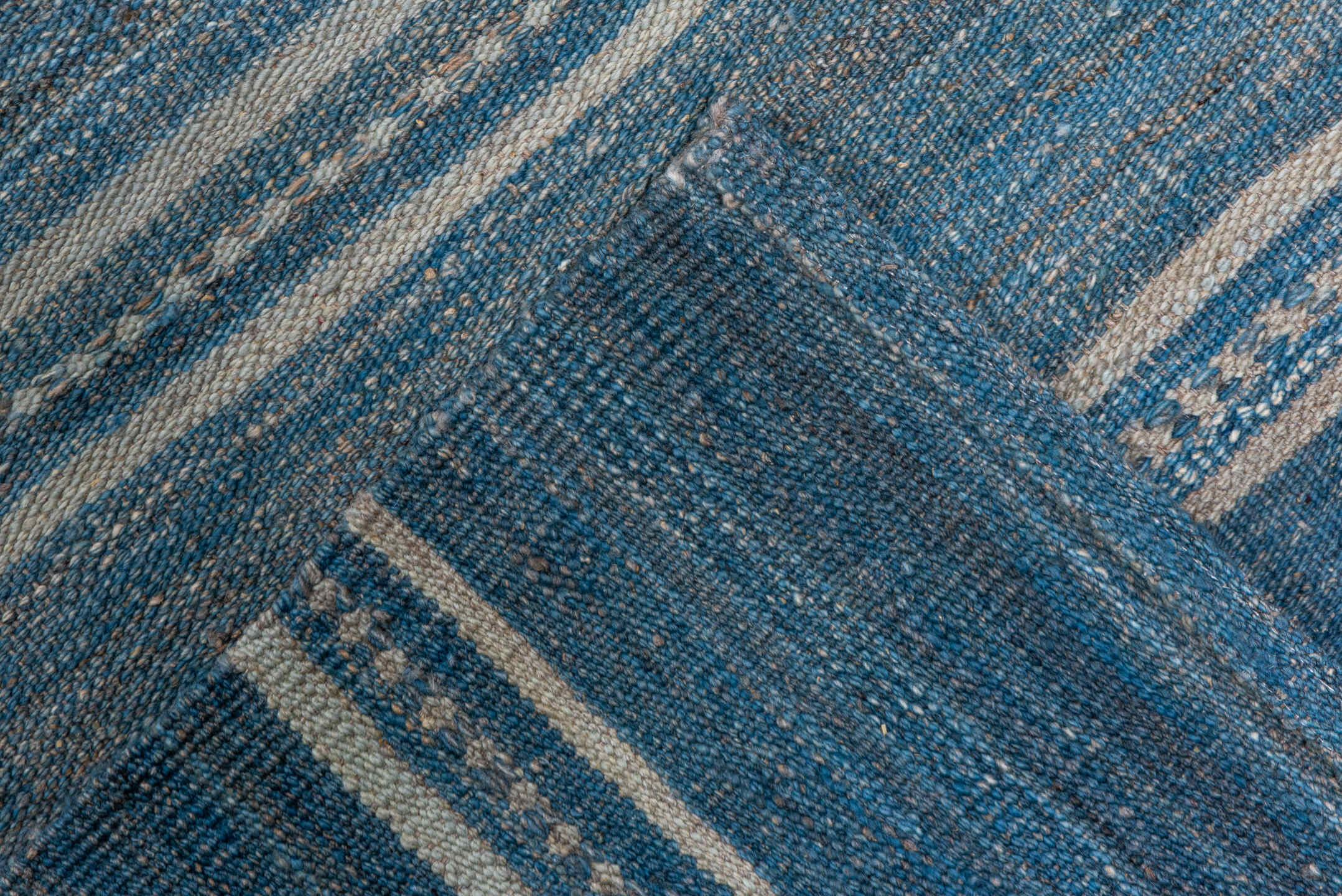 2' x 18' one-of-a-kind handmade vintage Kilim runner rug. Color palette: blue, ivory, taupe, slate, beige, gray