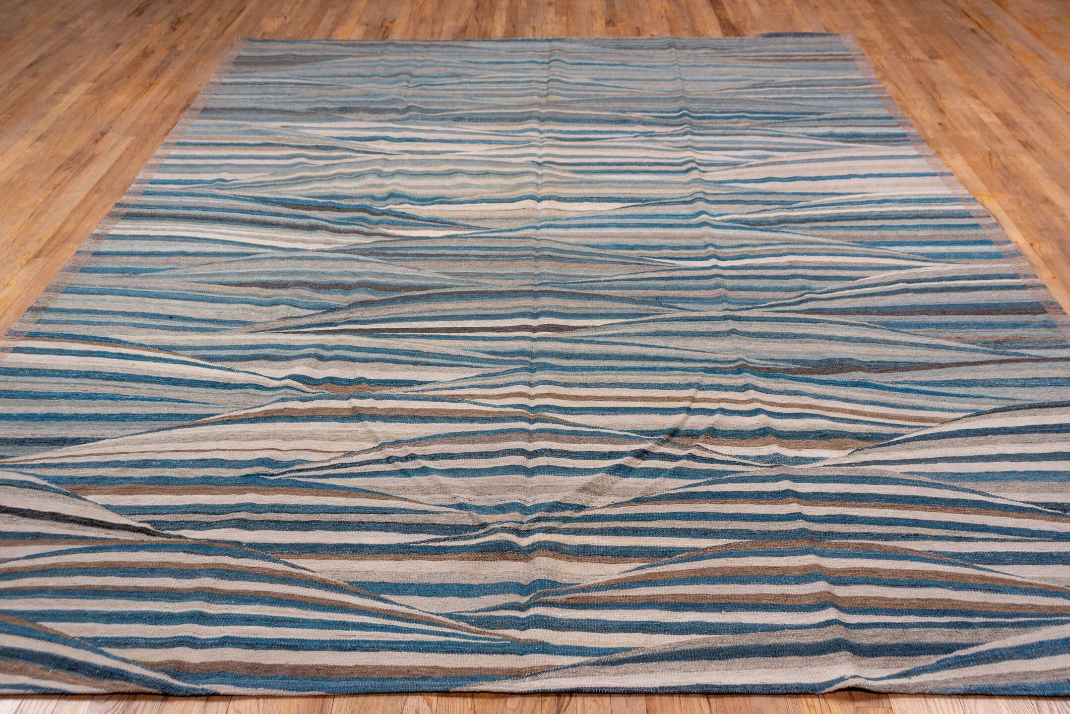 8' x 11' one-of-a-kind handmade vintage Kilim large size rug. Color palette: black, blue, charcoal, dim gray, gray