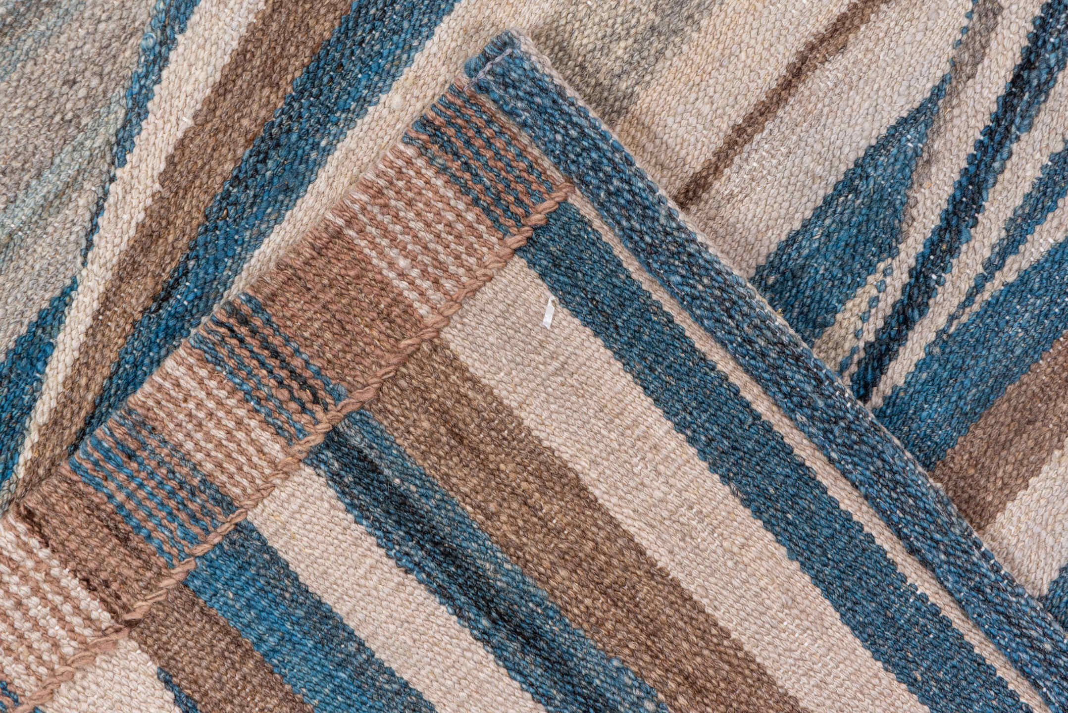 8' x 11' one-of-a-kind handmade vintage Kilim large size rug. Color palette: ivory, sky blue, taupe, slate, charcoal, beige