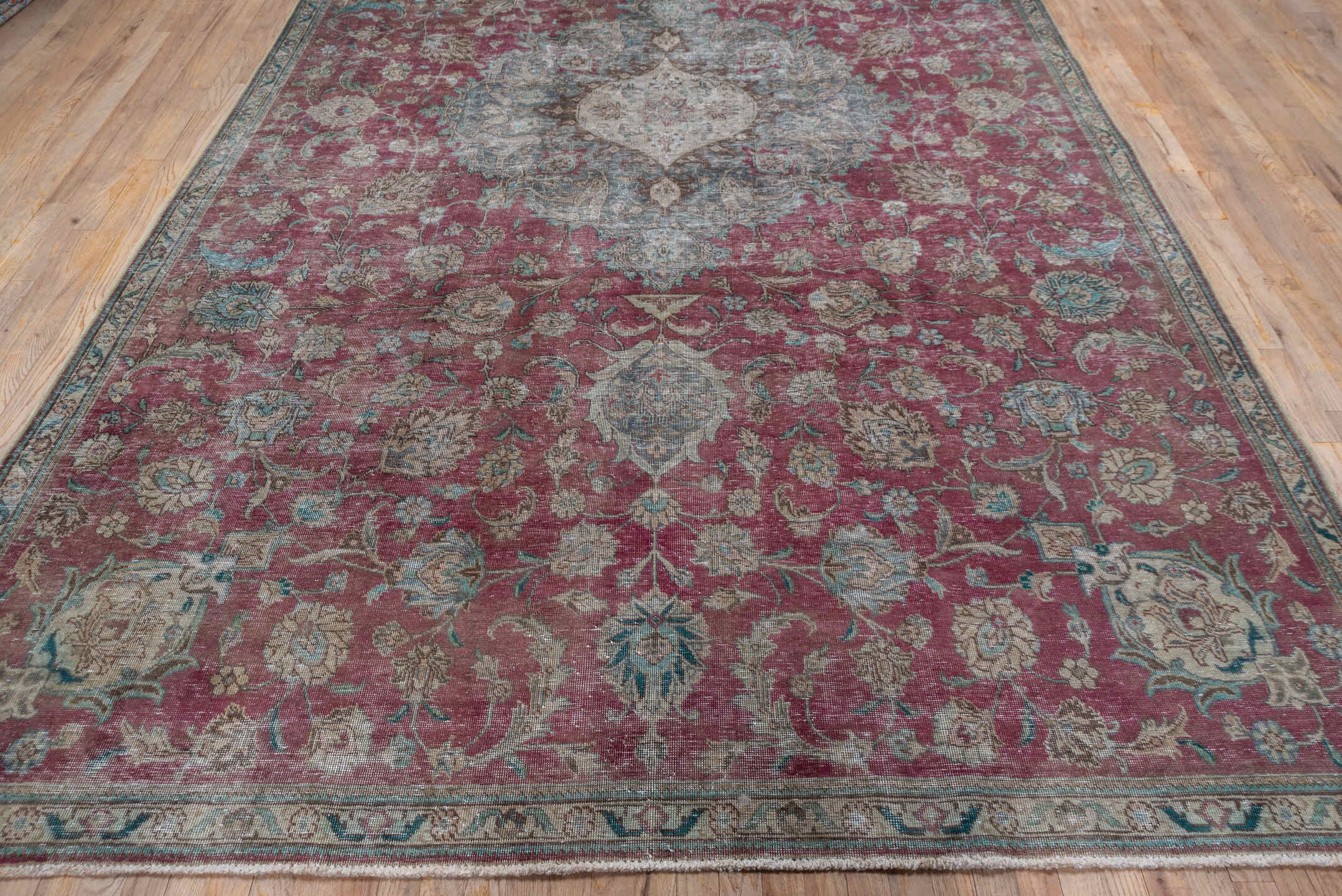 7' x 13' one-of-a-kind handmade vintage Distressed large size rug. Color palette: rose, ivory, taupe, slate, sage, charcoal
