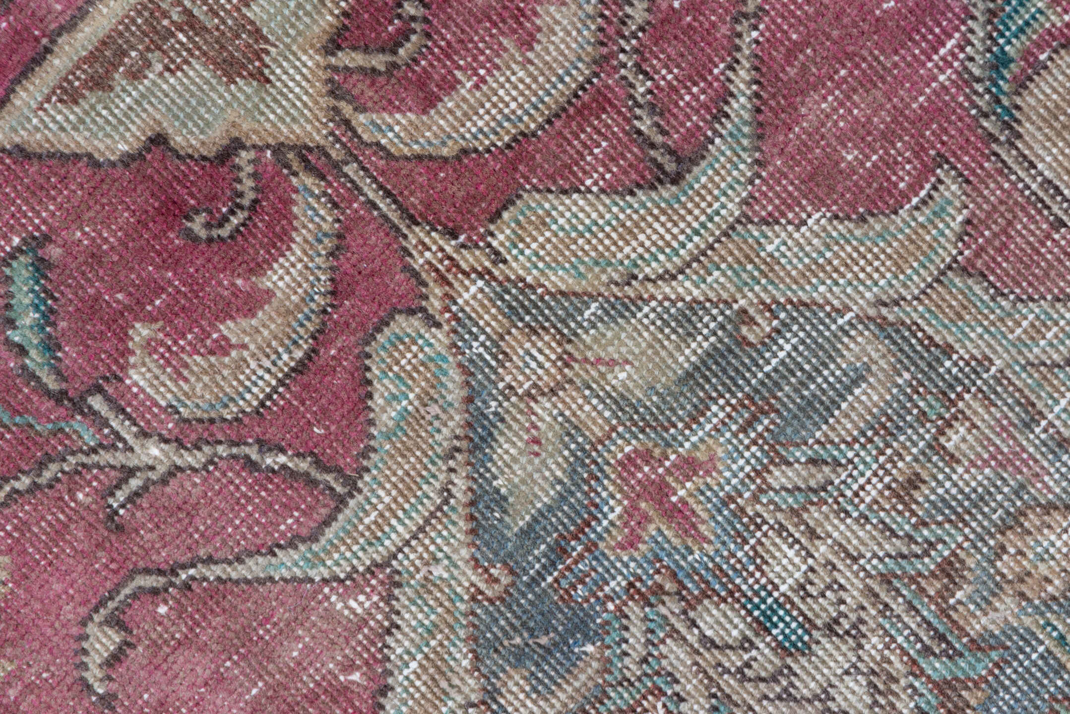 7' x 13' one-of-a-kind handmade vintage Distressed large size rug. Color palette: rose, ivory, taupe, slate, sage, charcoal