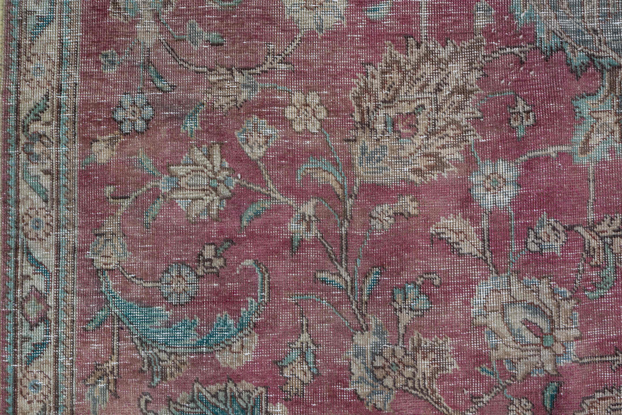 7' x 13' one-of-a-kind handmade vintage Distressed large size rug. Color palette: rose, ivory, taupe, slate, sage, charcoal