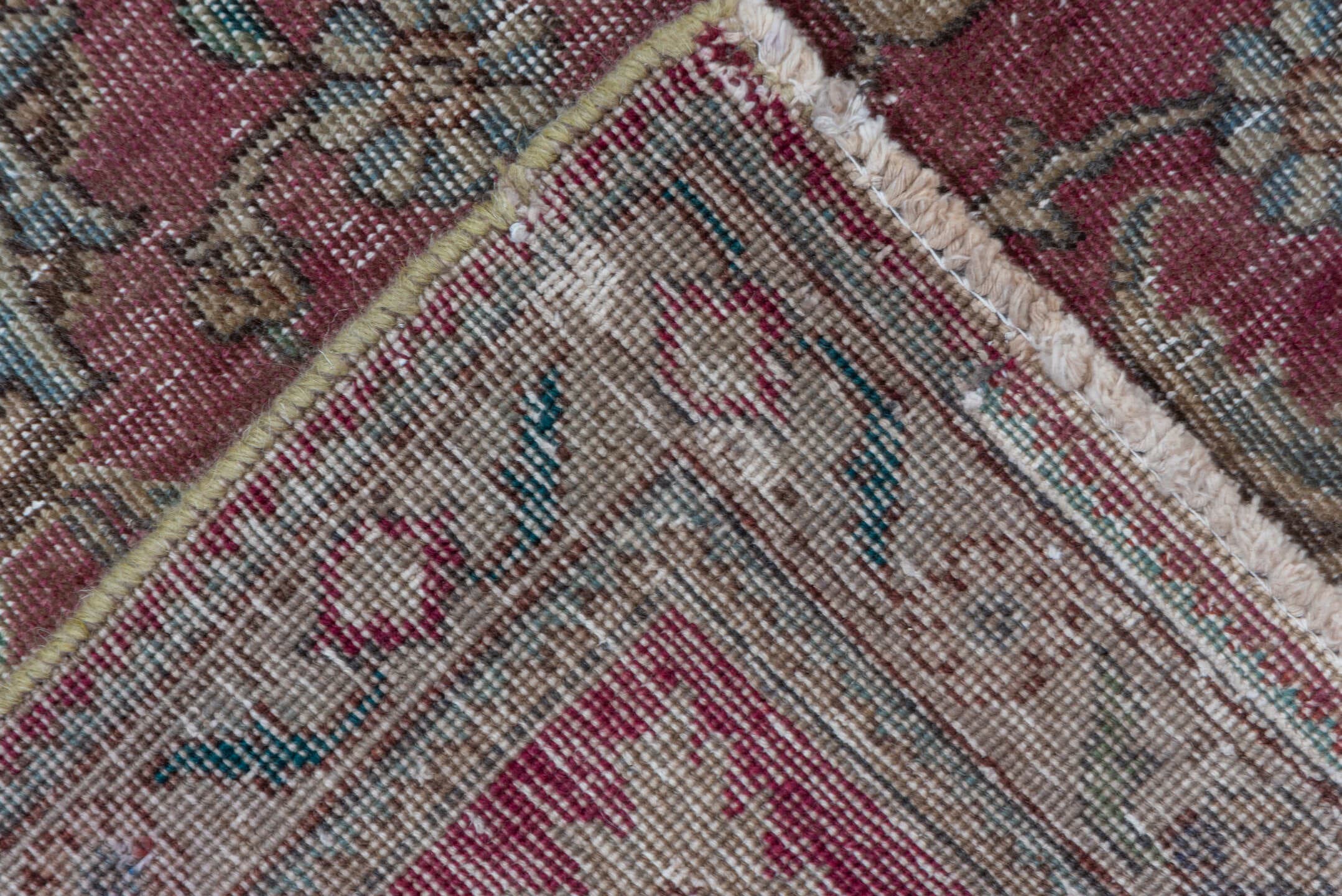 7' x 13' one-of-a-kind handmade vintage Distressed large size rug. Color palette: rose, ivory, taupe, slate, sage, charcoal