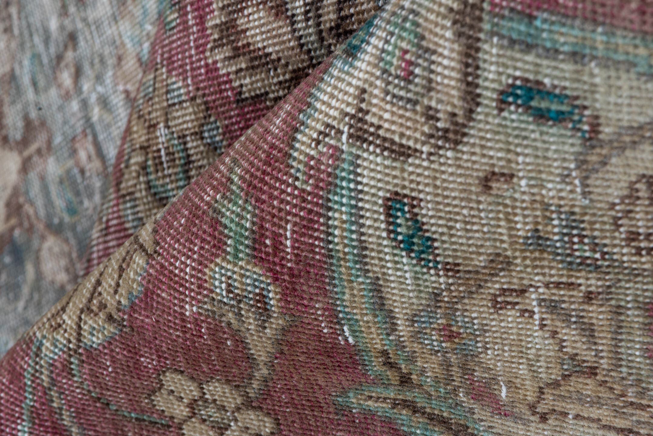 7' x 13' one-of-a-kind handmade vintage Distressed large size rug. Color palette: rose, ivory, taupe, slate, sage, charcoal
