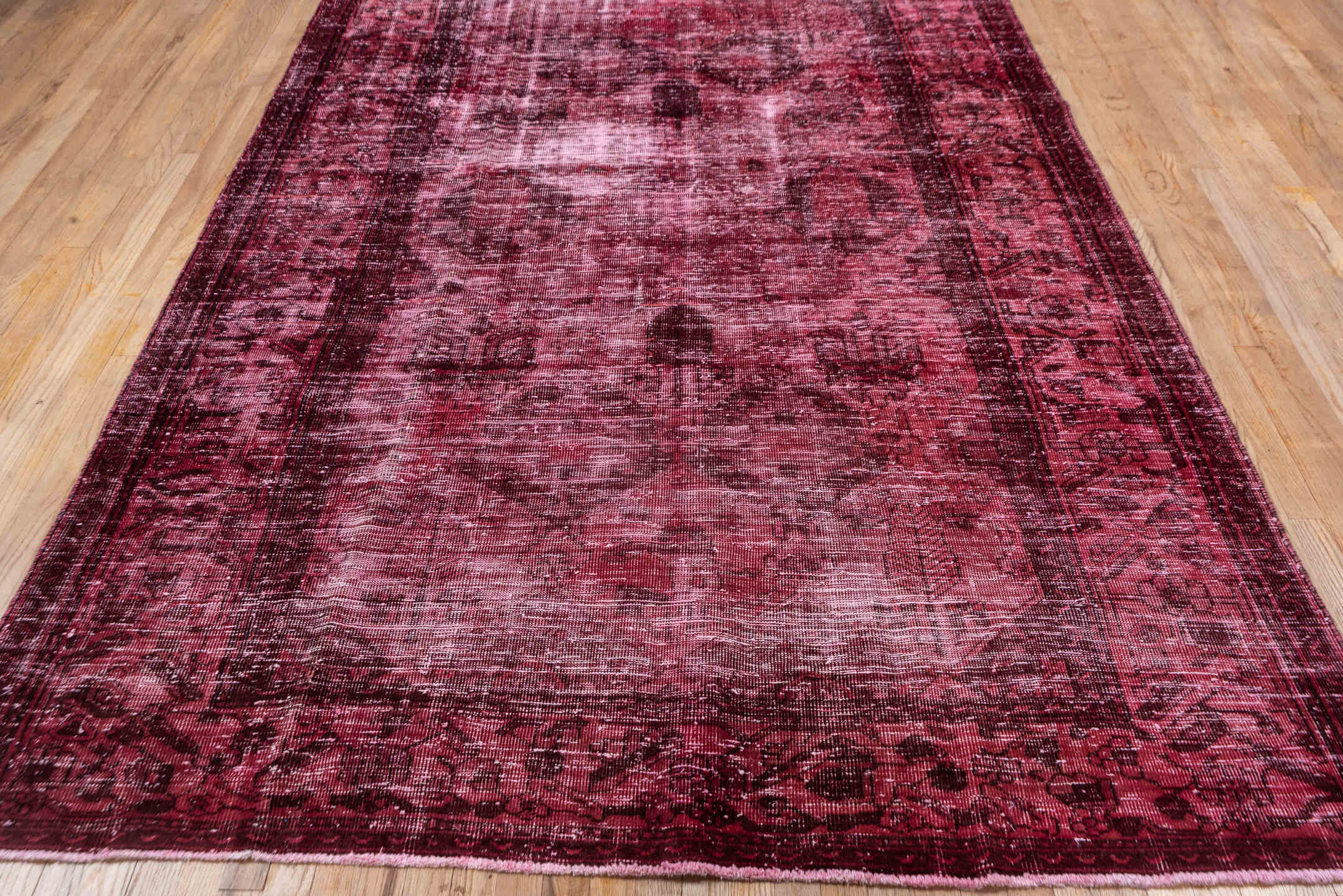 6' x 10' one-of-a-kind handmade vintage Mov large size rug. Color palette: brown, gray, pink, red, wine