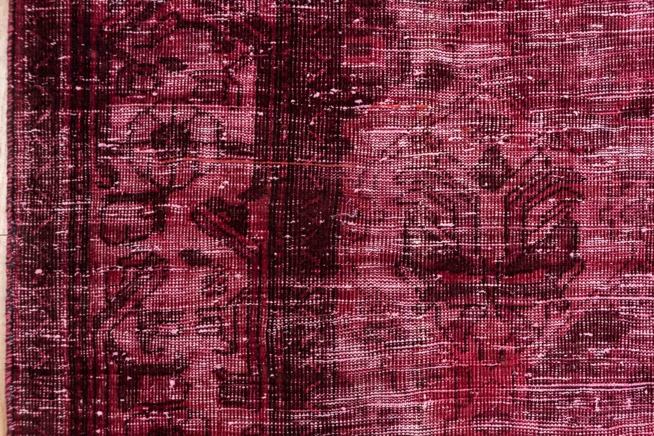 6' x 10' one-of-a-kind handmade vintage Mov large size rug. Color palette: brown, gray, pink, red, wine