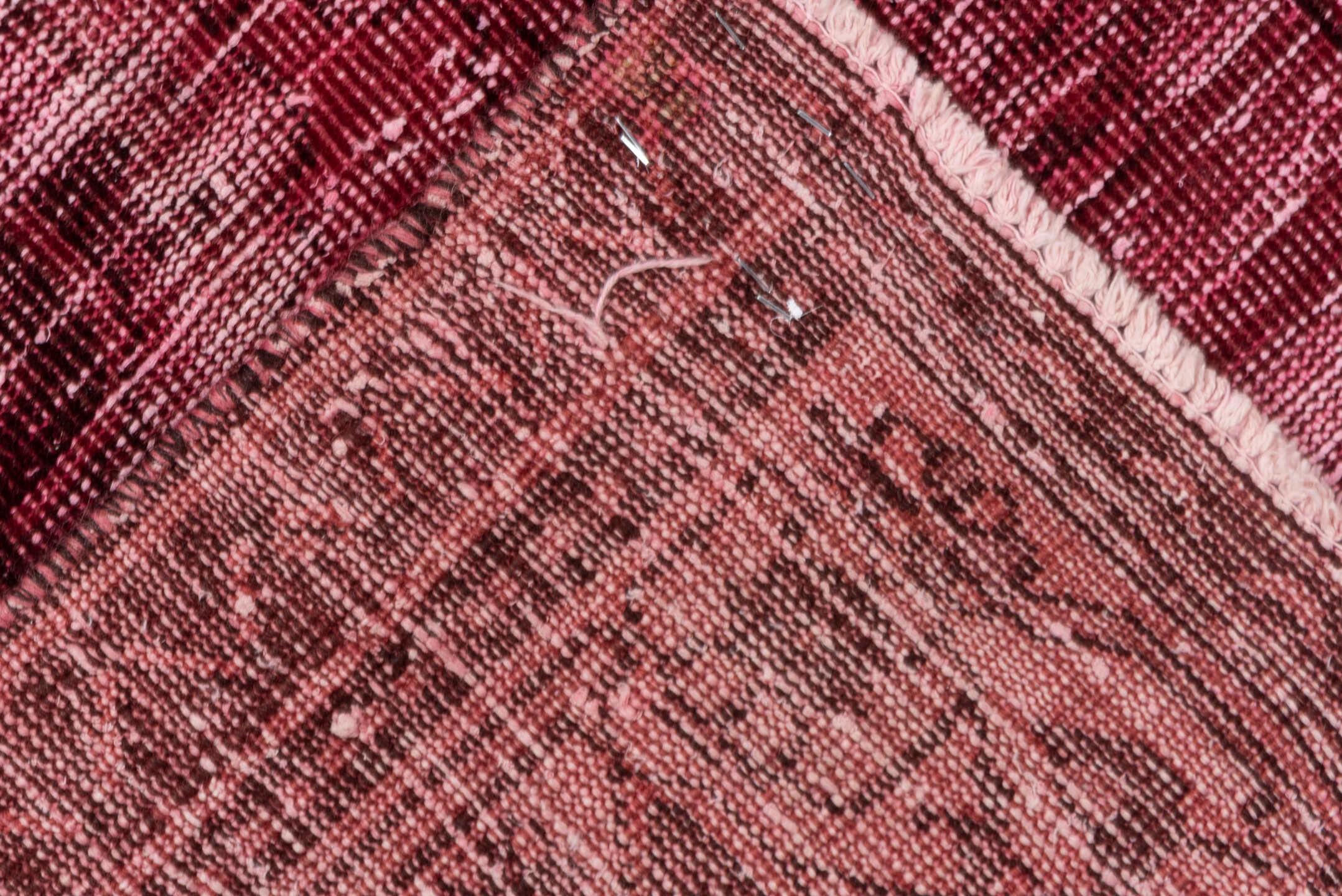 6' x 10' one-of-a-kind handmade vintage Mov large size rug. Color palette: brown, gray, pink, red, wine