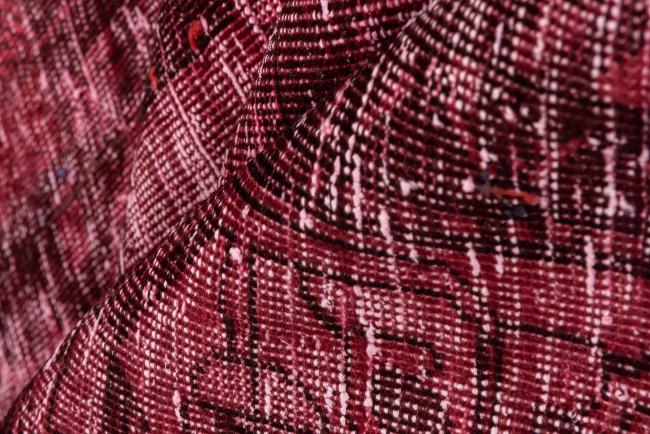 6' x 10' one-of-a-kind handmade vintage Mov large size rug. Color palette: brown, gray, pink, red, wine