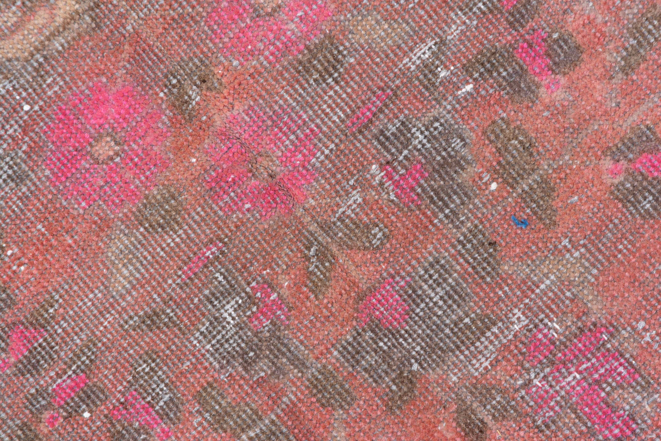4' x 8' one-of-a-kind handmade vintage Distressed rug. Color palette: rose, charcoal, taupe, crimson, brown, pink, red, gray