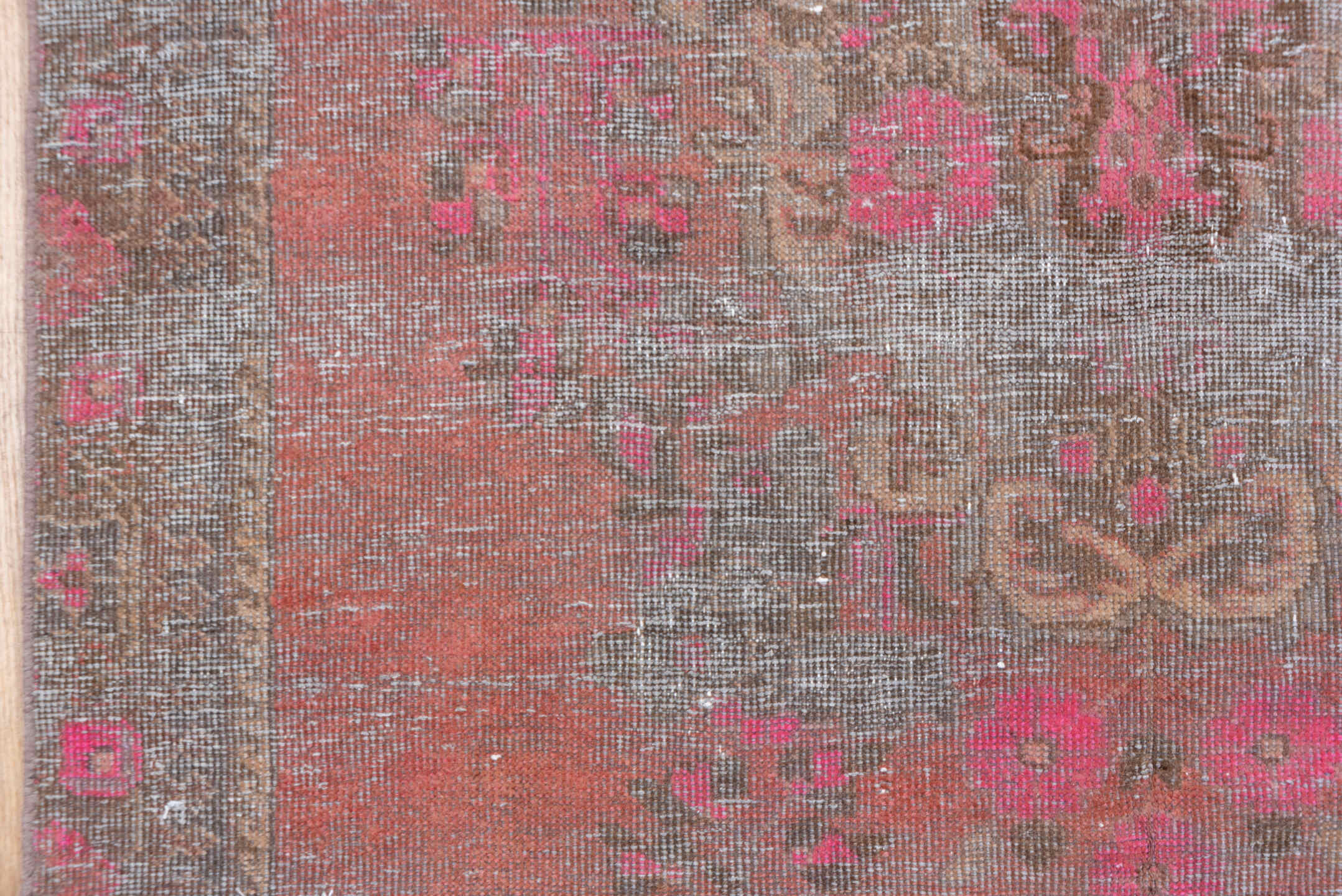 4' x 8' one-of-a-kind handmade vintage Distressed rug. Color palette: rose, charcoal, taupe, crimson, brown, pink, red, gray