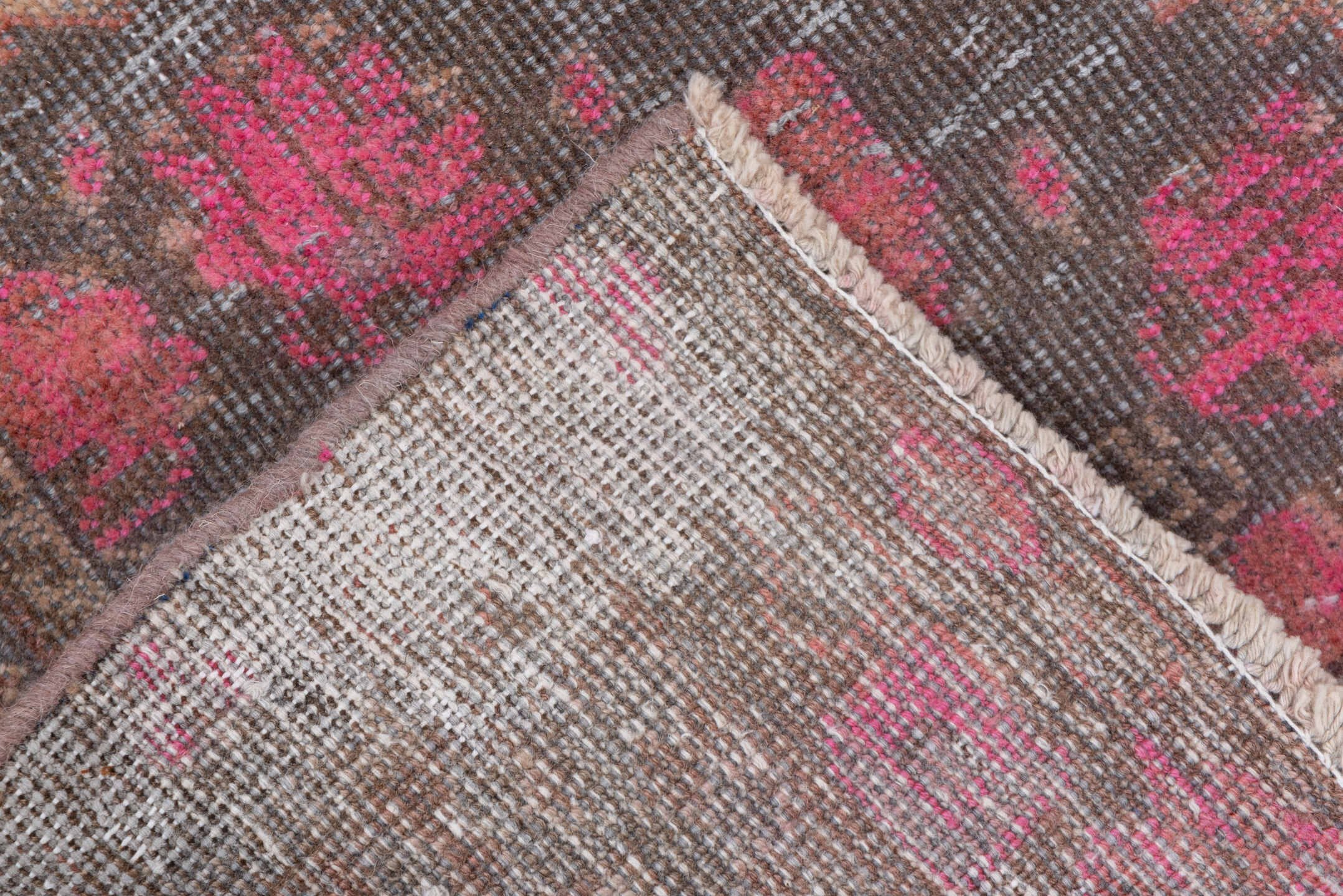 4' x 8' one-of-a-kind handmade vintage Distressed rug. Color palette: rose, charcoal, taupe, crimson, brown, pink, red, gray
