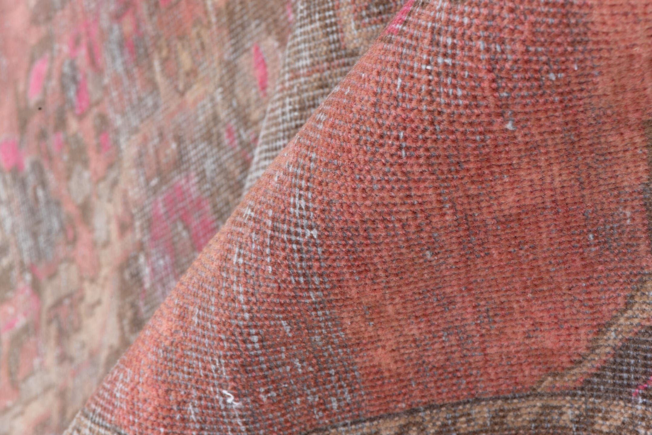 4' x 8' one-of-a-kind handmade vintage Distressed rug. Color palette: rose, charcoal, taupe, crimson, brown, pink, red, gray