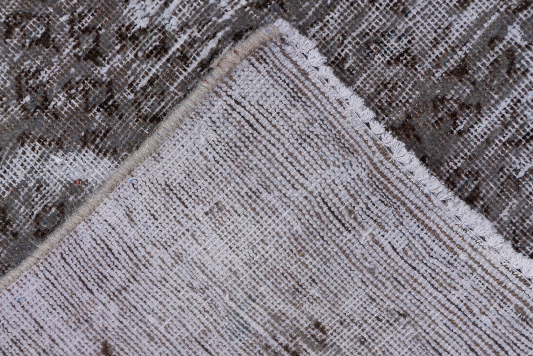 7' x 10' one-of-a-kind handmade vintage Mov large size rug. Color palette: black, dim gray, gray, light gray, off-white