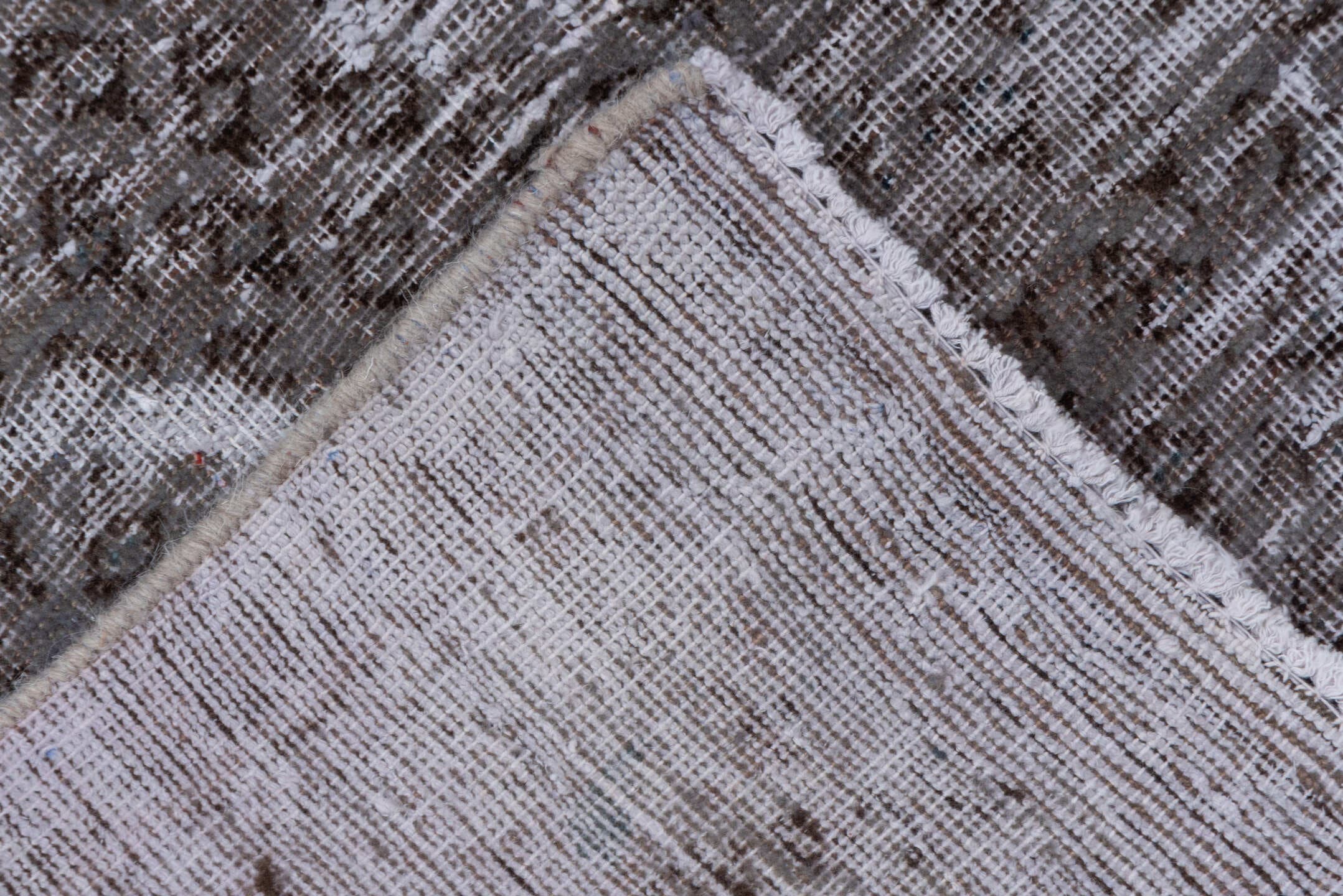 7' x 10' one-of-a-kind handmade vintage Mov large size rug. Color palette: taupe, brown, mauve, ivory, charcoal, beige, gray
