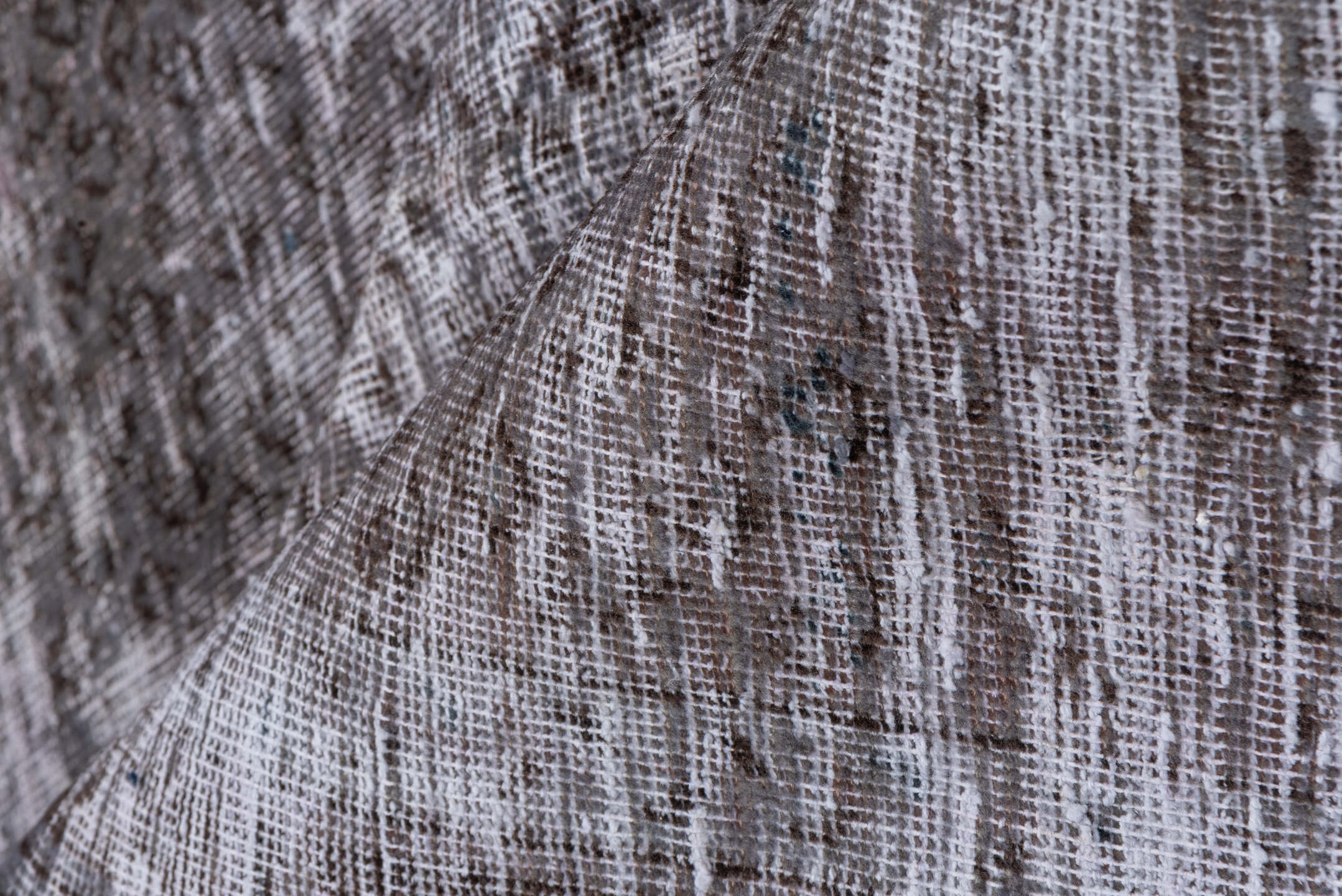 7' x 10' one-of-a-kind handmade vintage Mov large size rug. Color palette: black, dim gray, gray, light gray, off-white