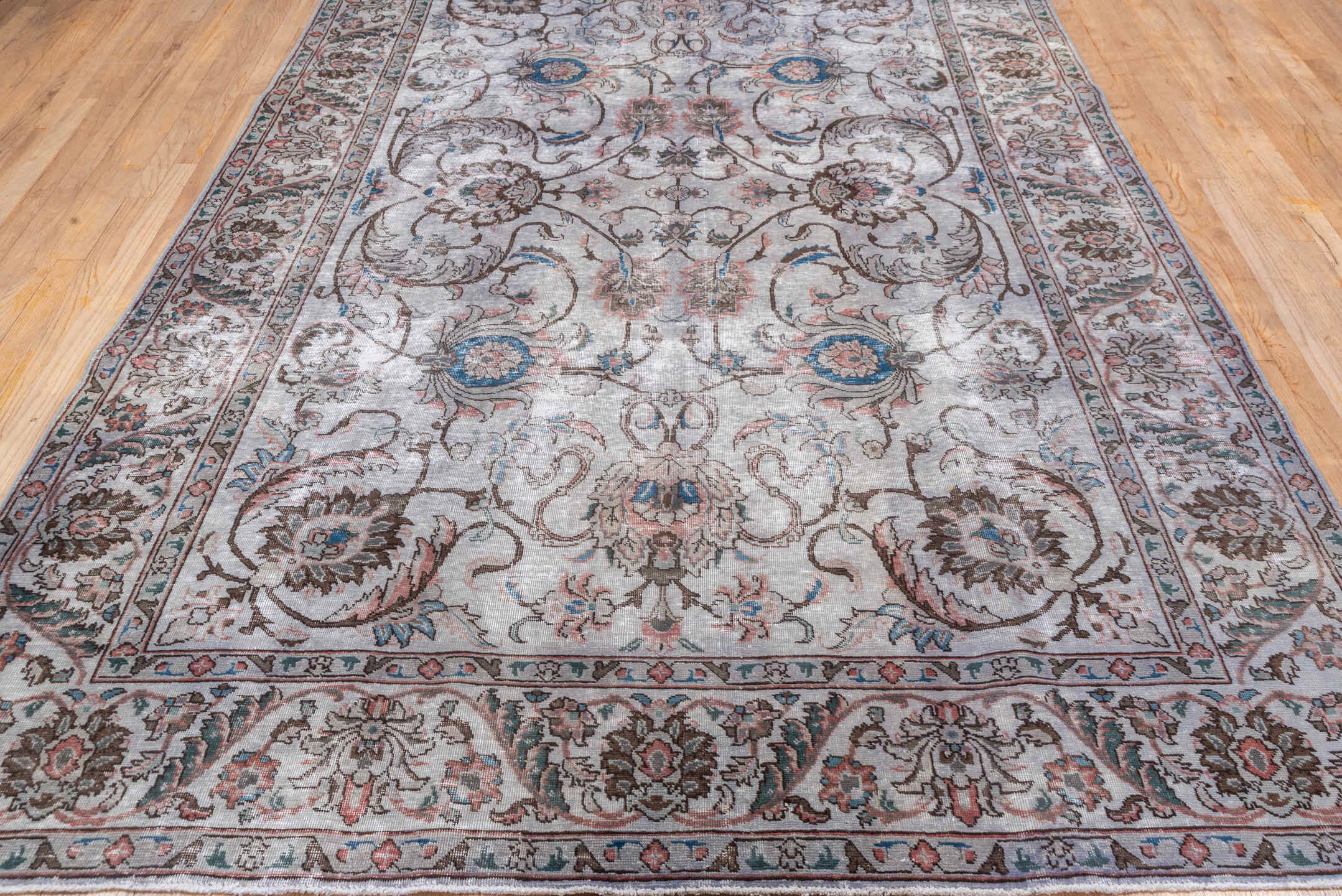 7' x 10' one-of-a-kind handmade vintage Mov large size rug. Color palette: ivory, taupe, brown, rose, sky_blue, slate