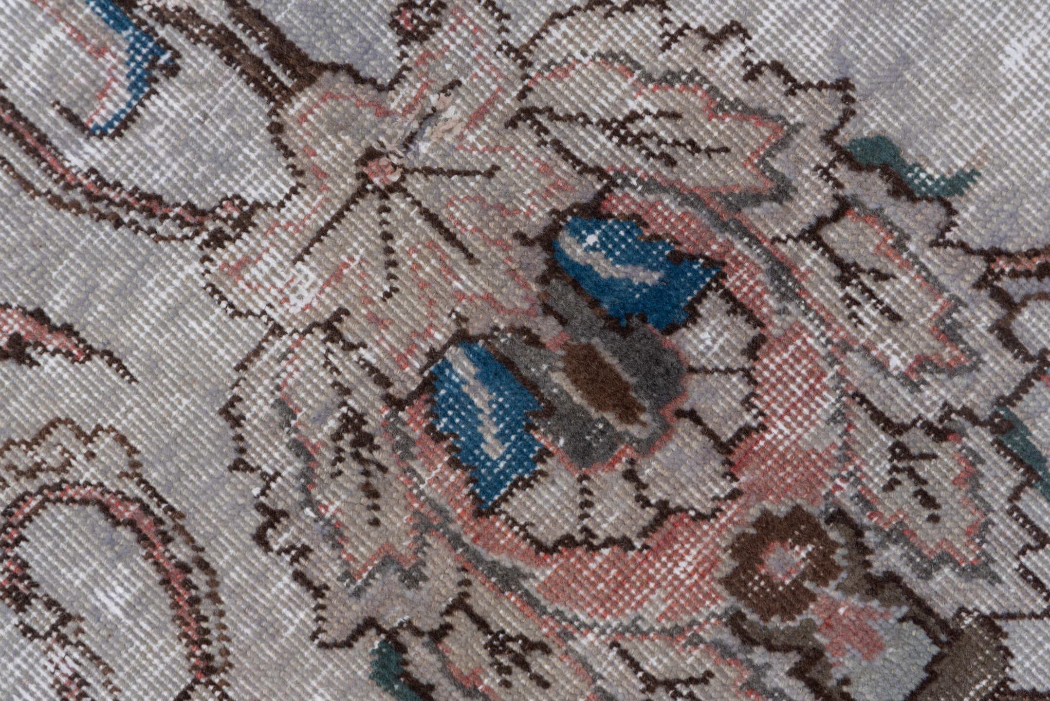 7' x 10' one-of-a-kind handmade vintage Mov large size rug. Color palette: ivory, taupe, brown, rose, sky_blue, slate