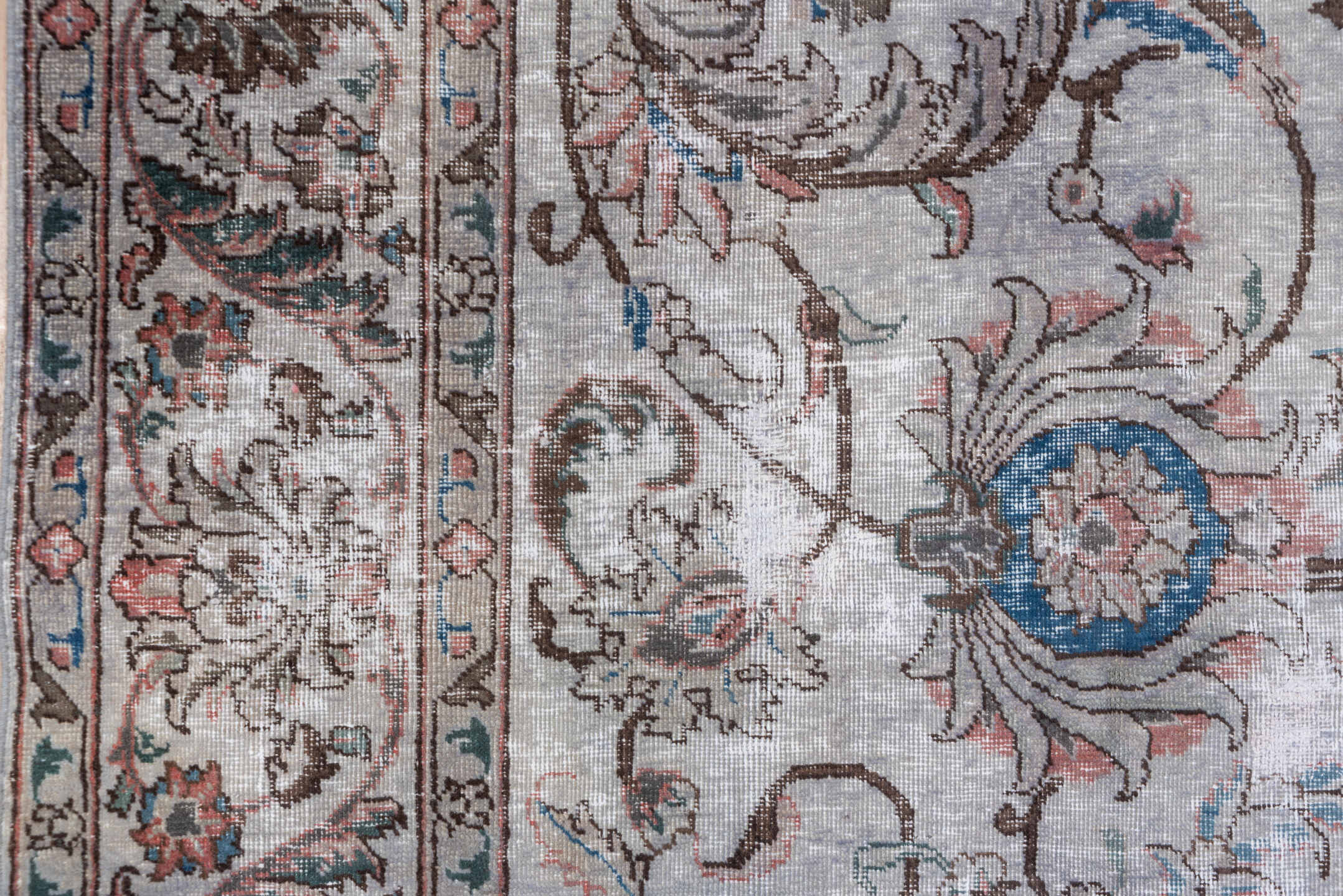 7' x 10' one-of-a-kind handmade vintage Mov large size rug. Color palette: ivory, taupe, brown, rose, sky_blue, slate