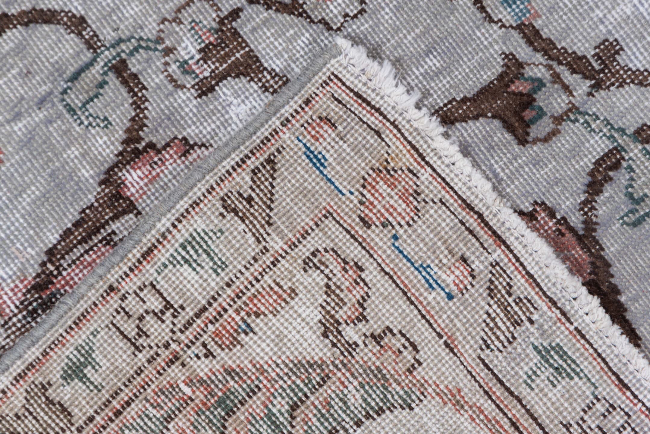 7' x 10' one-of-a-kind handmade vintage Mov large size rug. Color palette: ivory, taupe, brown, rose, sky_blue, slate