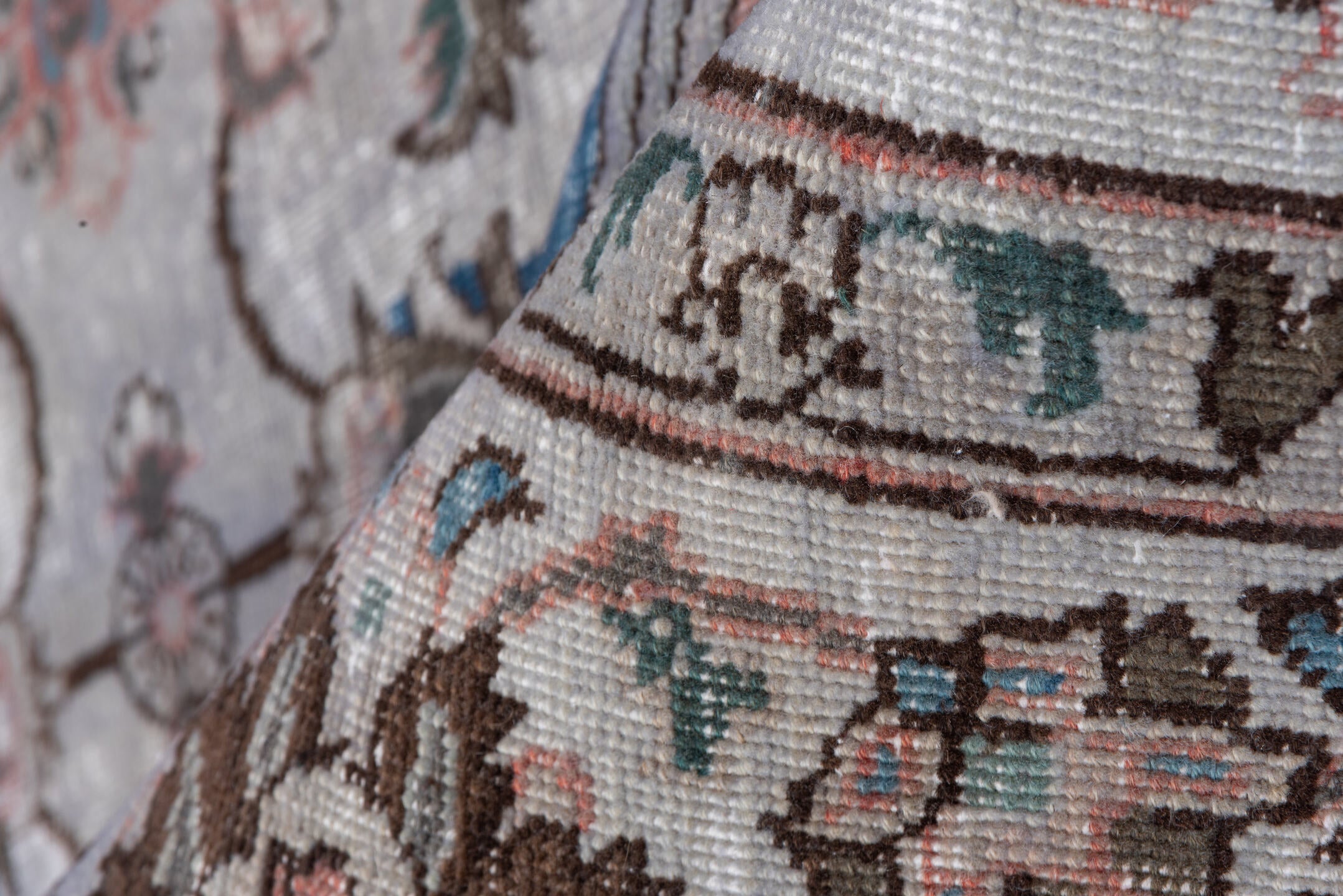 7' x 10' one-of-a-kind handmade vintage Mov large size rug. Color palette: black, blue, brown, fiord, gainsboro, gray