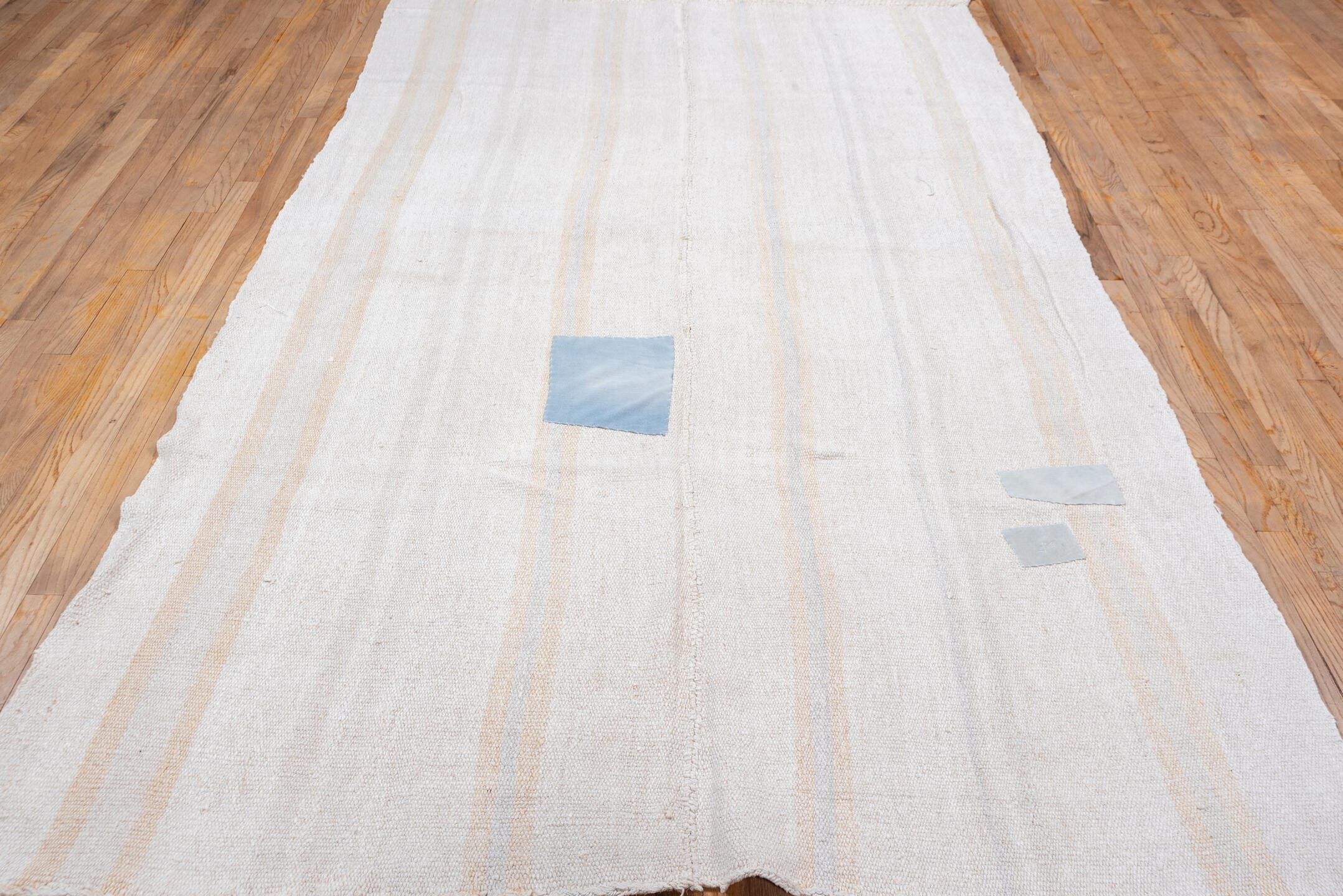 6' x 10' one-of-a-kind handmade vintage Hemp Kilim large size rug. Color palette: ivory, beige, pale blue, light gray