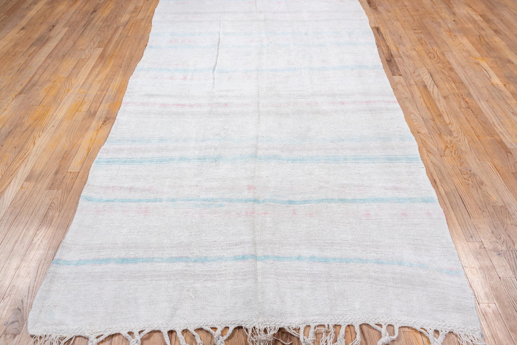 5' x 10' one-of-a-kind handmade vintage Hemp Kilim medium size rug. Color palette: ivory, pale aqua, blush, cream, taupe