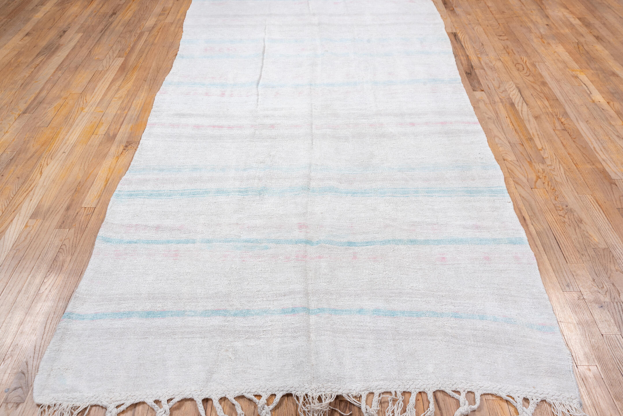 5' x 10' one-of-a-kind handmade vintage Hemp Kilim medium size rug. Color palette: ivory, pale aqua, blush, cream, taupe