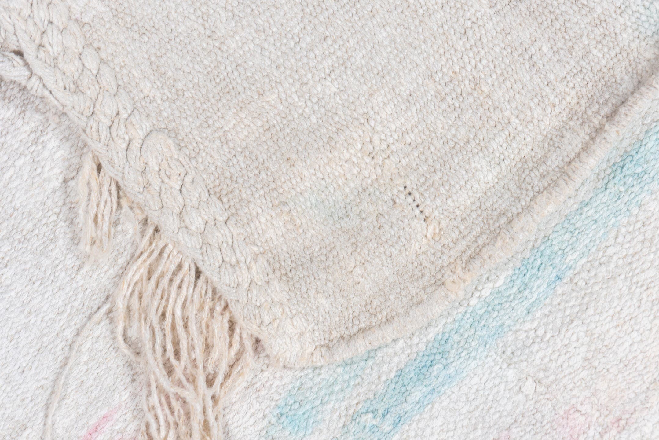 5' x 10' one-of-a-kind handmade vintage Hemp Kilim medium size rug. Color palette: ivory, pale aqua, blush, cream, taupe