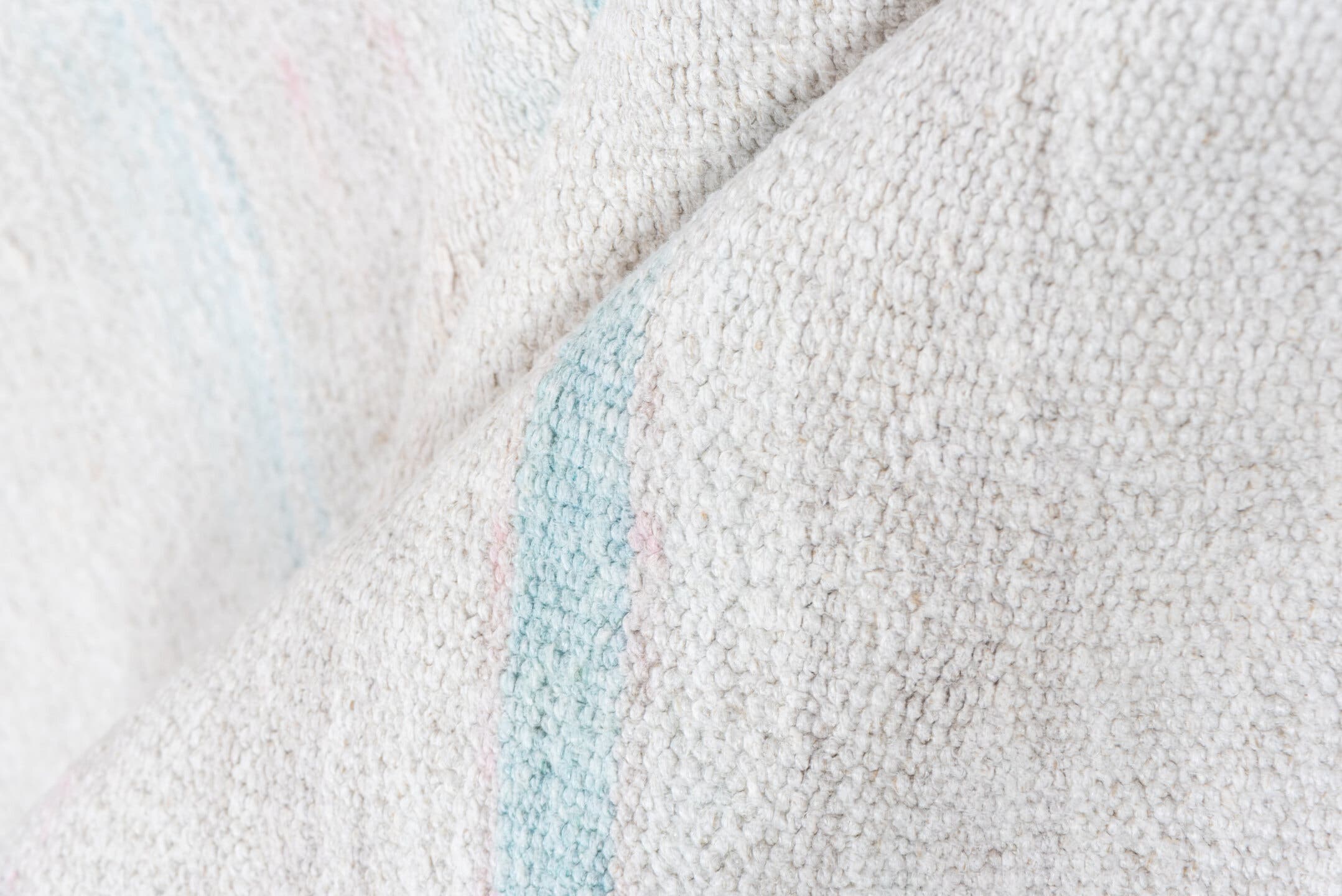 5' x 10' one-of-a-kind handmade vintage Hemp Kilim medium size rug. Color palette: ivory, pale aqua, blush, cream, taupe