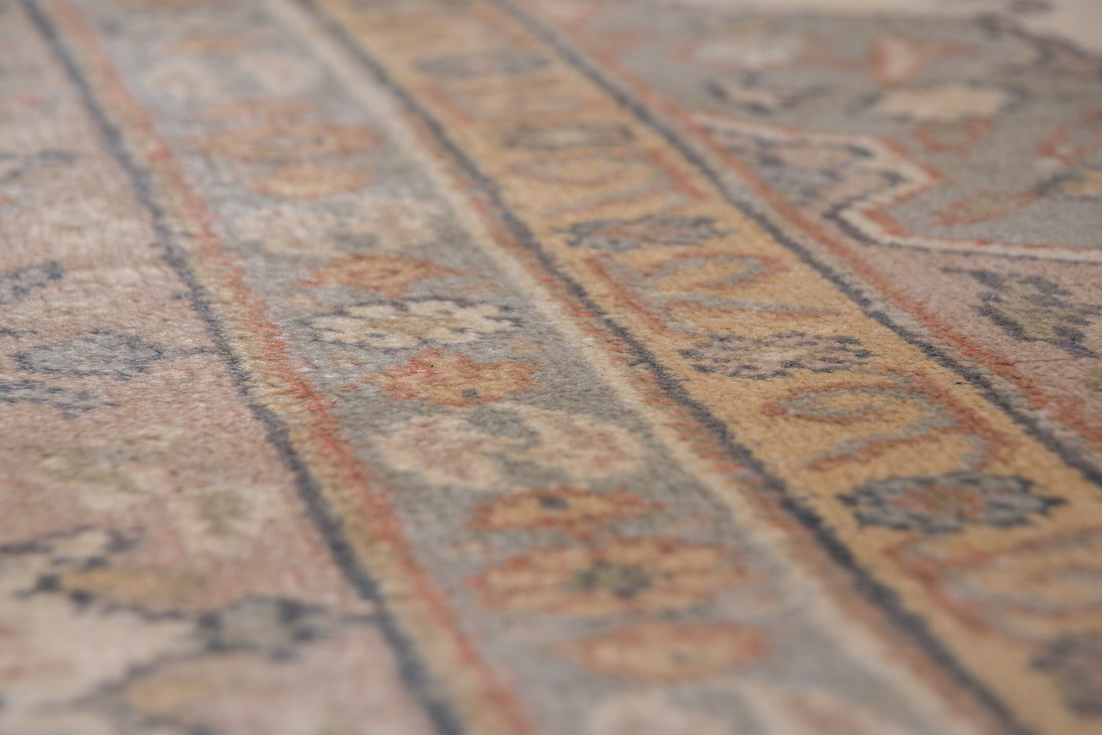 10' x 13' one-of-a-kind handmade vintage Sivas large size rug. Color palette: ivory, taupe, rose, blue-gray, camel, slate