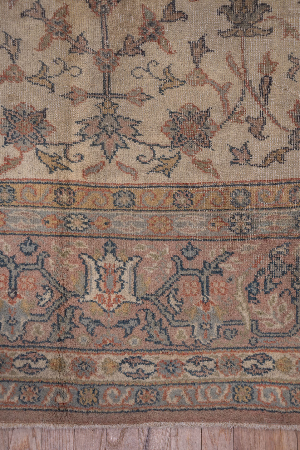 10' x 13' one-of-a-kind handmade vintage Sivas large size rug. Color palette: ivory, taupe, rose, blue-gray, camel, slate