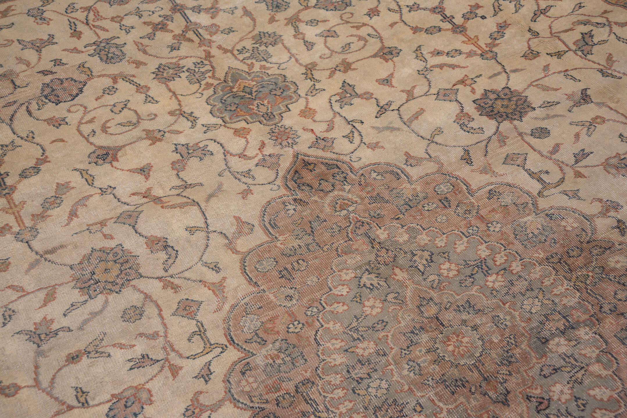 10' x 13' one-of-a-kind handmade vintage Sivas large size rug. Color palette: ivory, taupe, rose, blue-gray, camel, slate