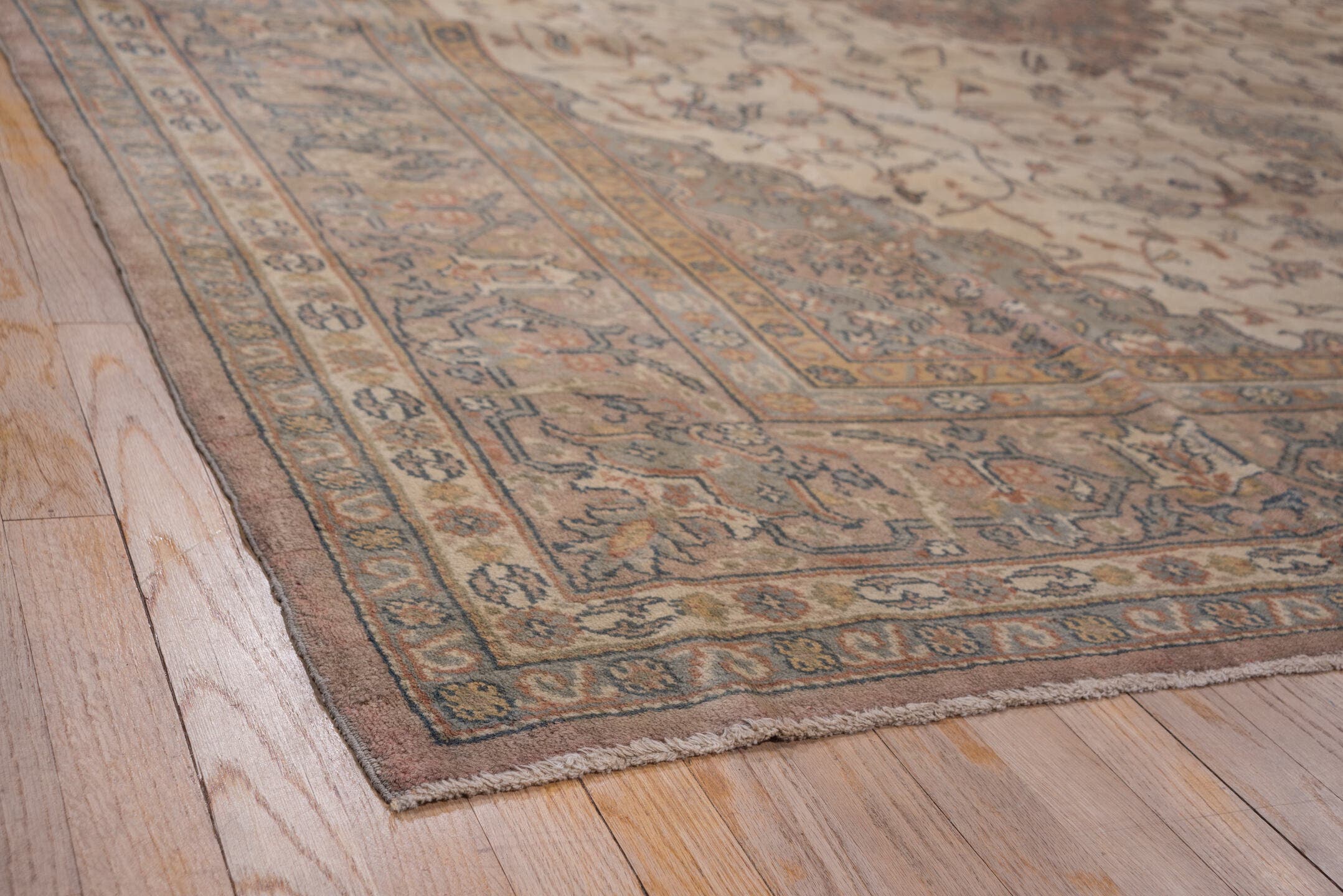 10' x 13' one-of-a-kind handmade vintage Sivas large size rug. Color palette: ivory, taupe, rose, blue-gray, camel, slate