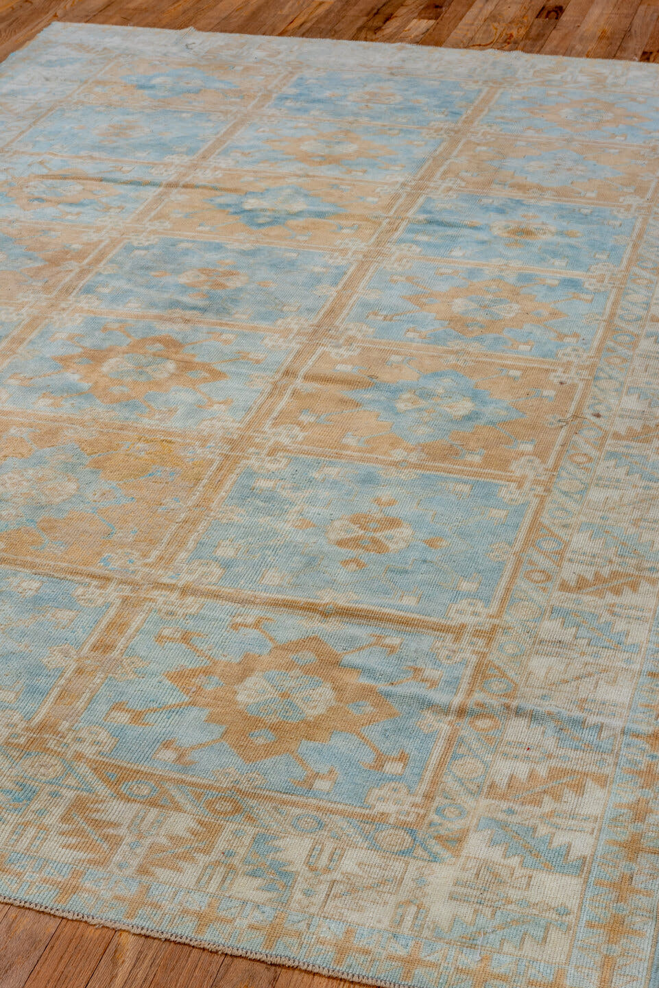 6' x 8' one-of-a-kind handmade vintage Konya medium size rug. Color palette: sky blue, ivory, sand, beige, camel, light blue
