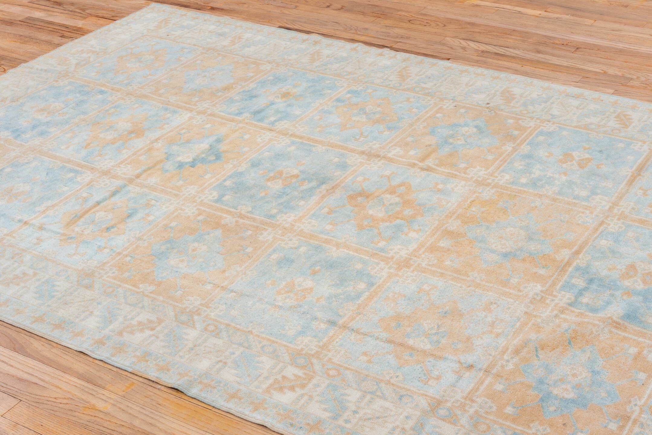 6' x 8' one-of-a-kind handmade vintage Konya medium size rug. Color palette: sky blue, ivory, sand, beige, camel, light blue