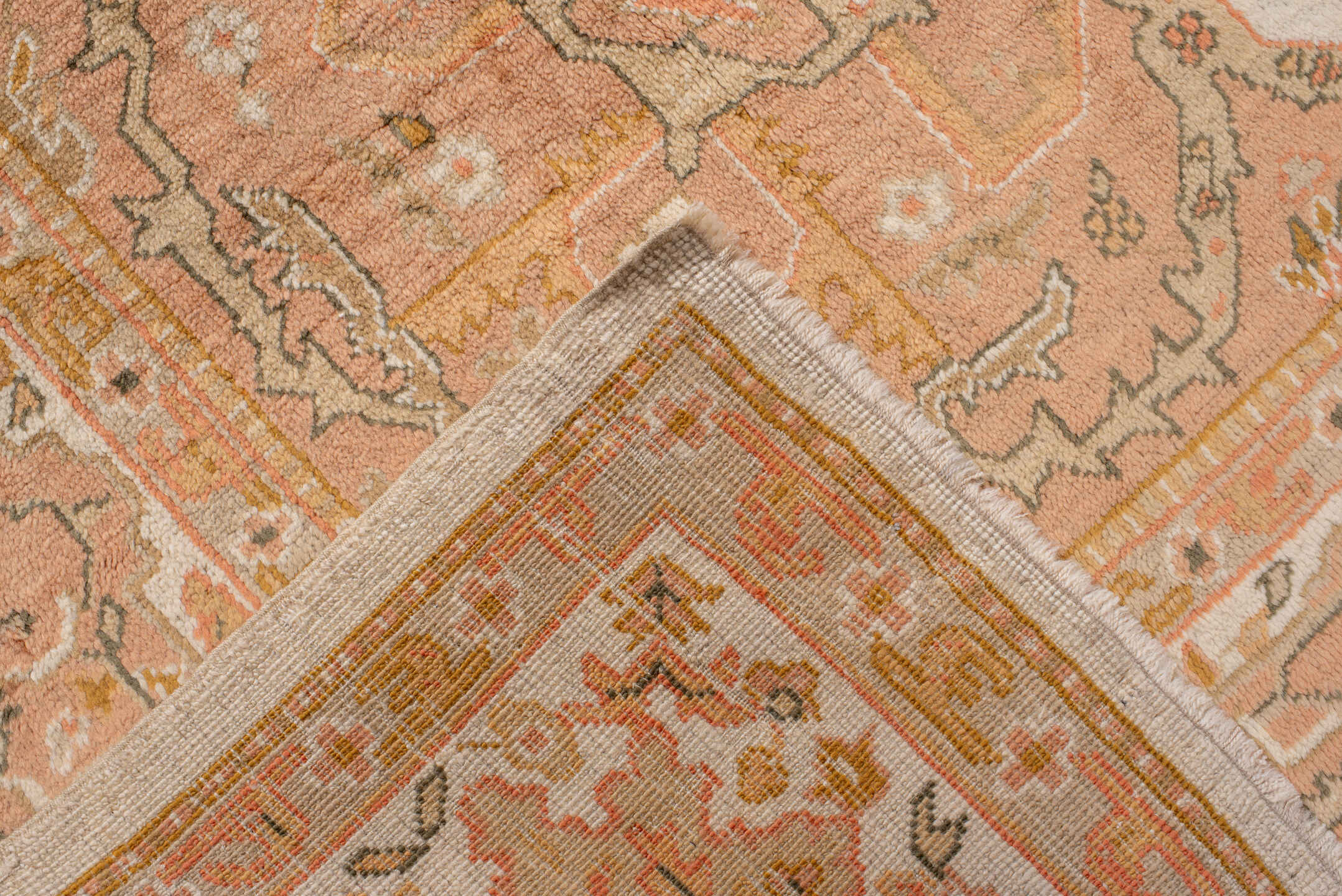 10' x 12' one-of-a-kind handmade antique Oushak large size rug. Color palette: ivory, peach, apricot, muted gold, taupe