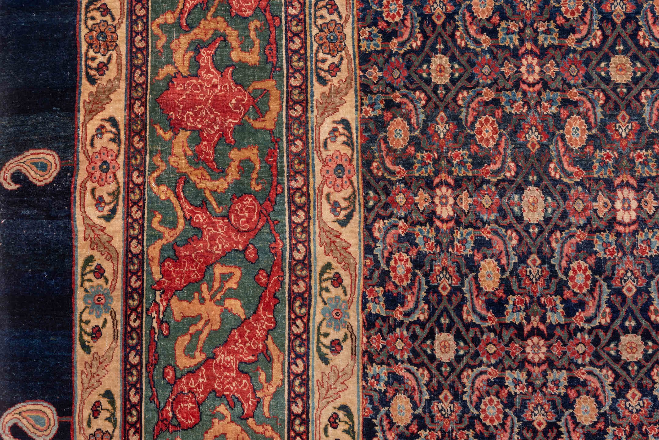 11' x 18' one-of-a-kind handmade antique Bidjar oversize rug. Color palette: navy, rust, ivory, soft blue, red, sage, camel