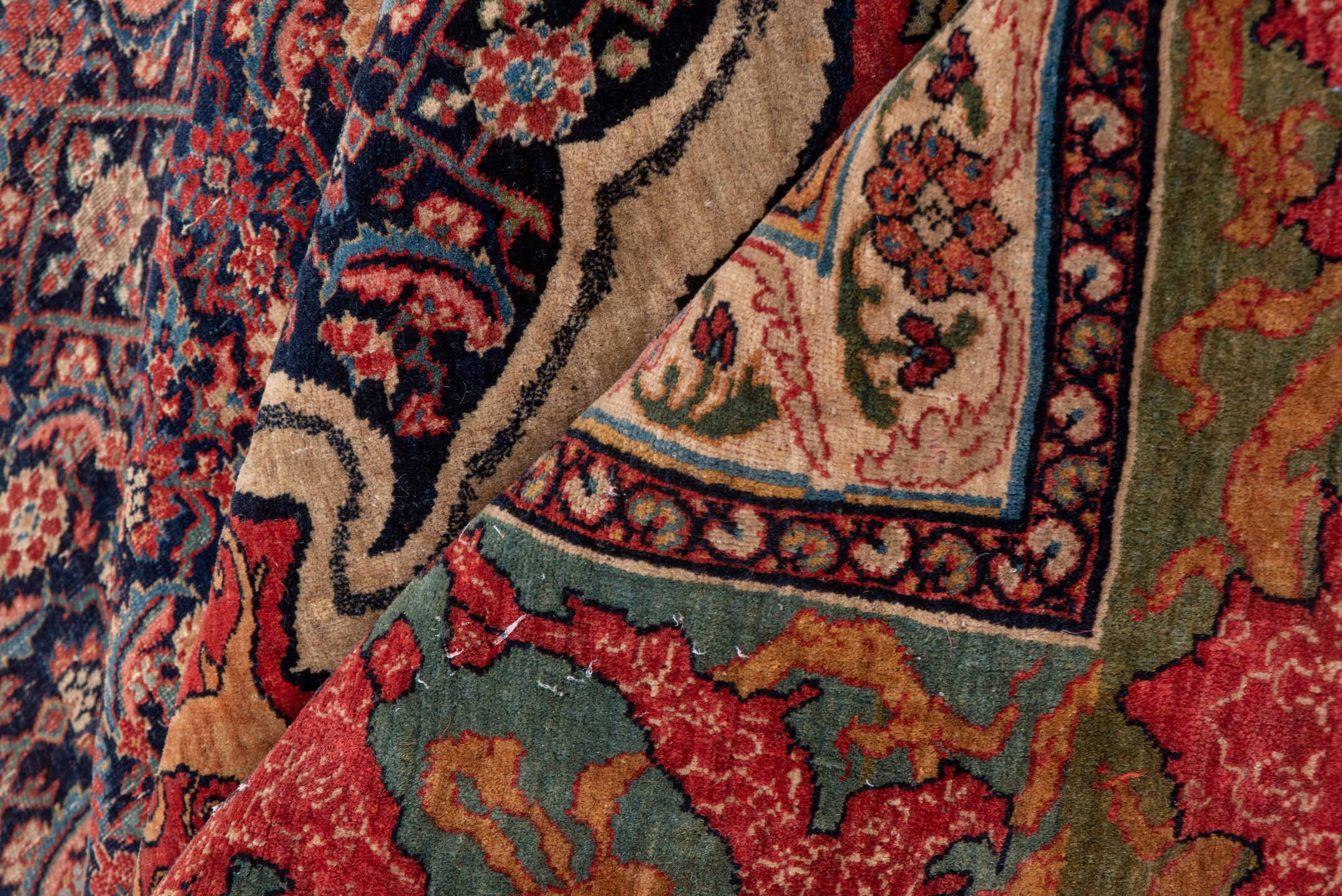 11' x 18' one-of-a-kind handmade antique Bidjar oversize rug. Color palette: navy, rust, ivory, soft blue, red, sage, camel