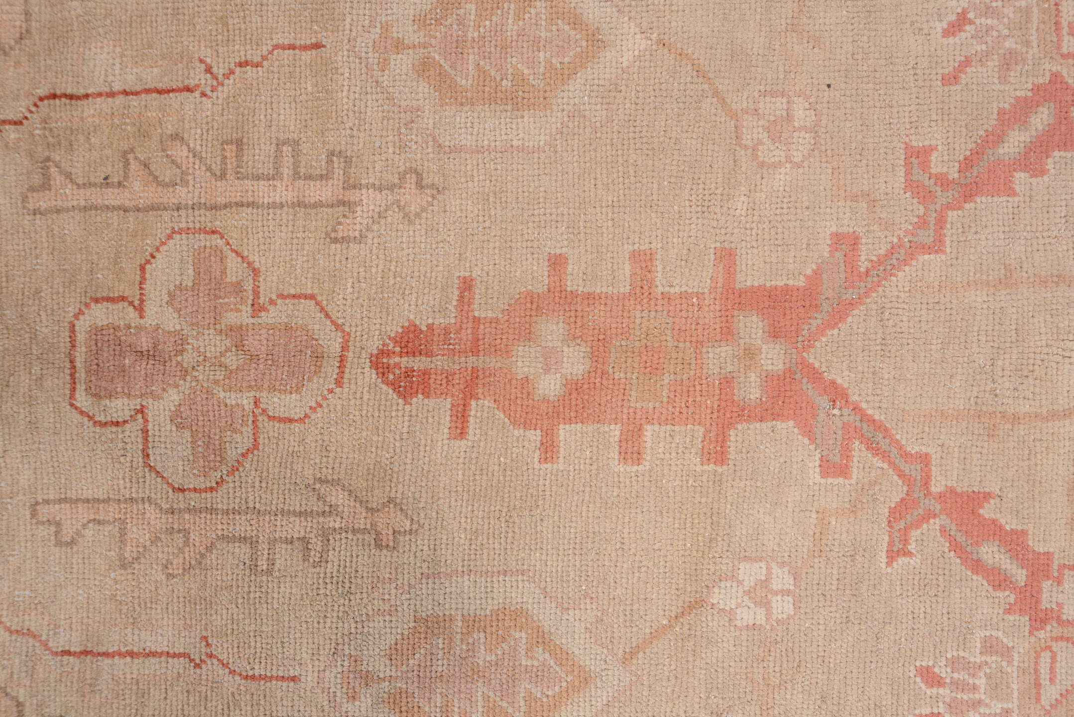 12' x 19' one-of-a-kind handmade antique Oushak oversize rug. Color palette: ivory, blush, rose, apricot, muted gold, beige