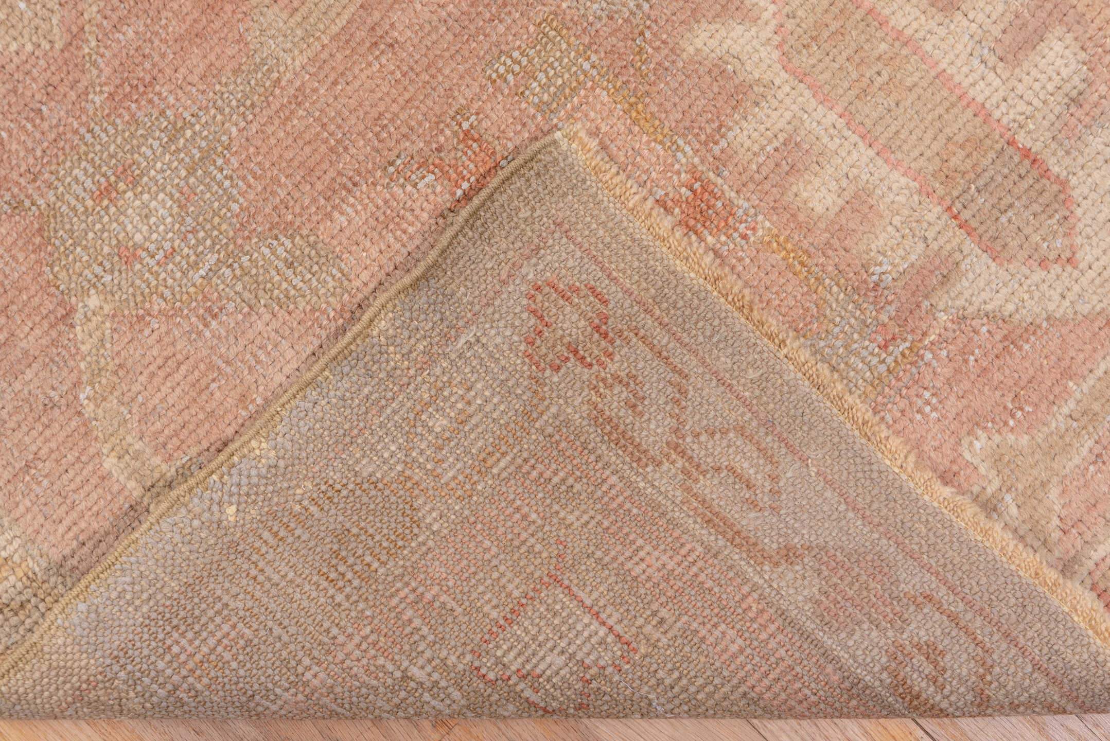 12' x 19' one-of-a-kind handmade antique Oushak oversize rug. Color palette: ivory, blush, rose, apricot, muted gold, beige