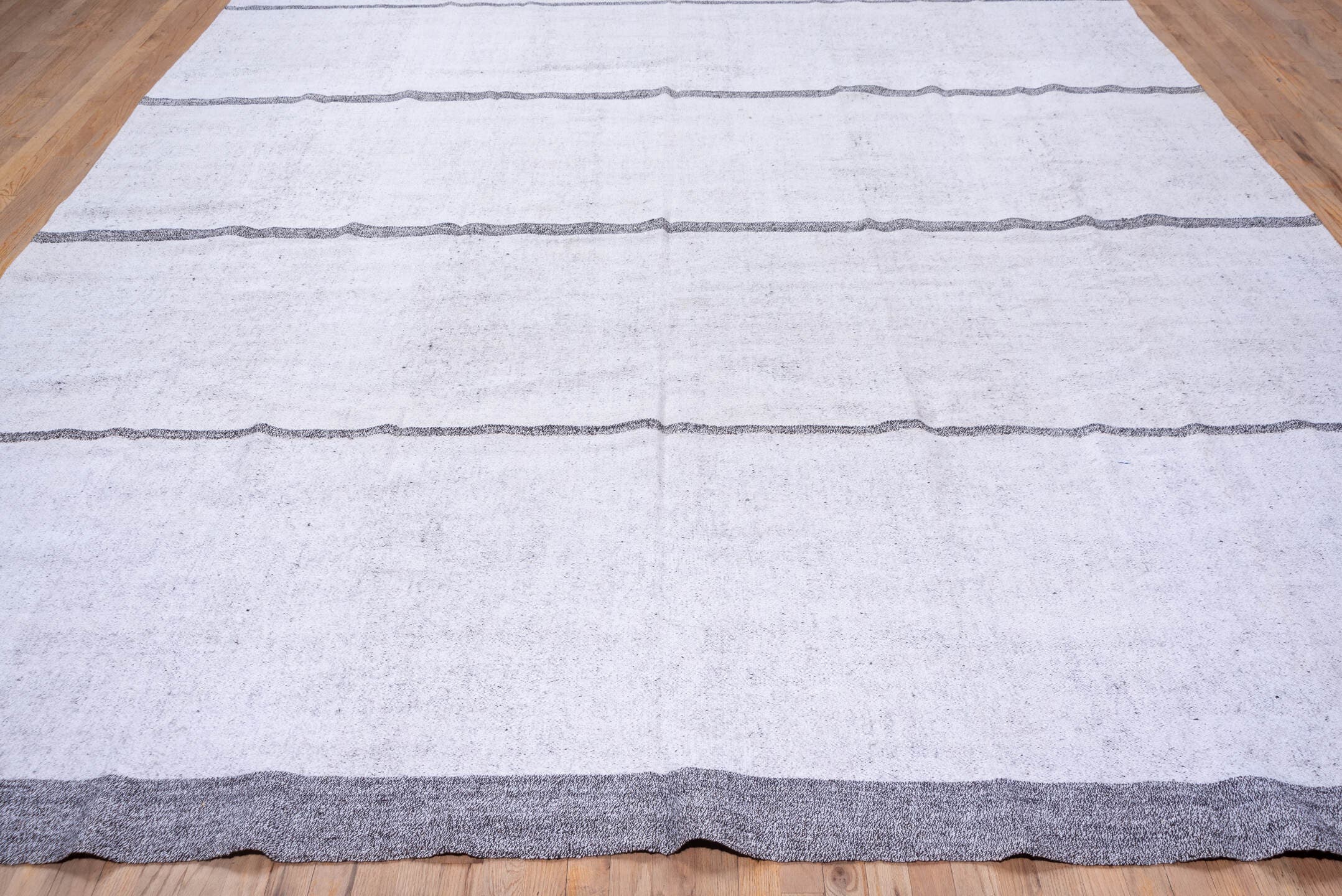 10' x 13' one-of-a-kind handmade vintage Flatweave large size rug. Color palette: ivory, charcoal, gray, black