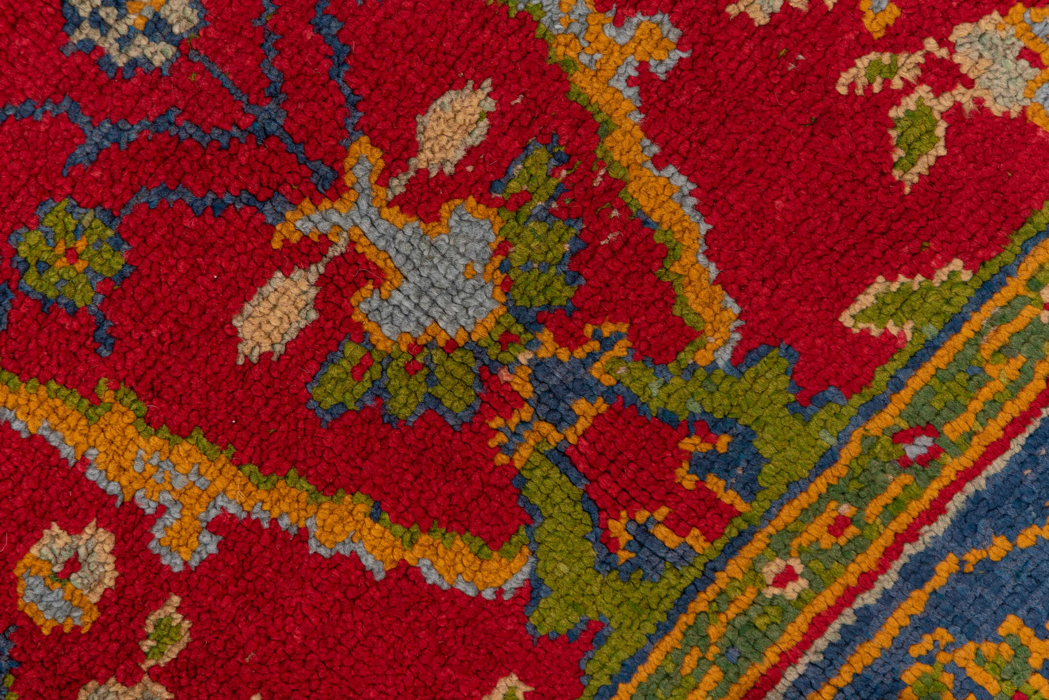 7' x 10' one-of-a-kind handmade vintage European large size rug. Color palette: red, blue, gold, ivory, sage, rust, olive