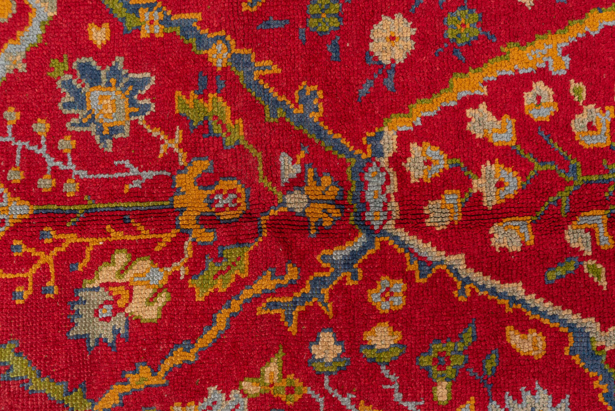 7' x 10' one-of-a-kind handmade vintage European large size rug. Color palette: red, blue, gold, ivory, sage, rust, olive