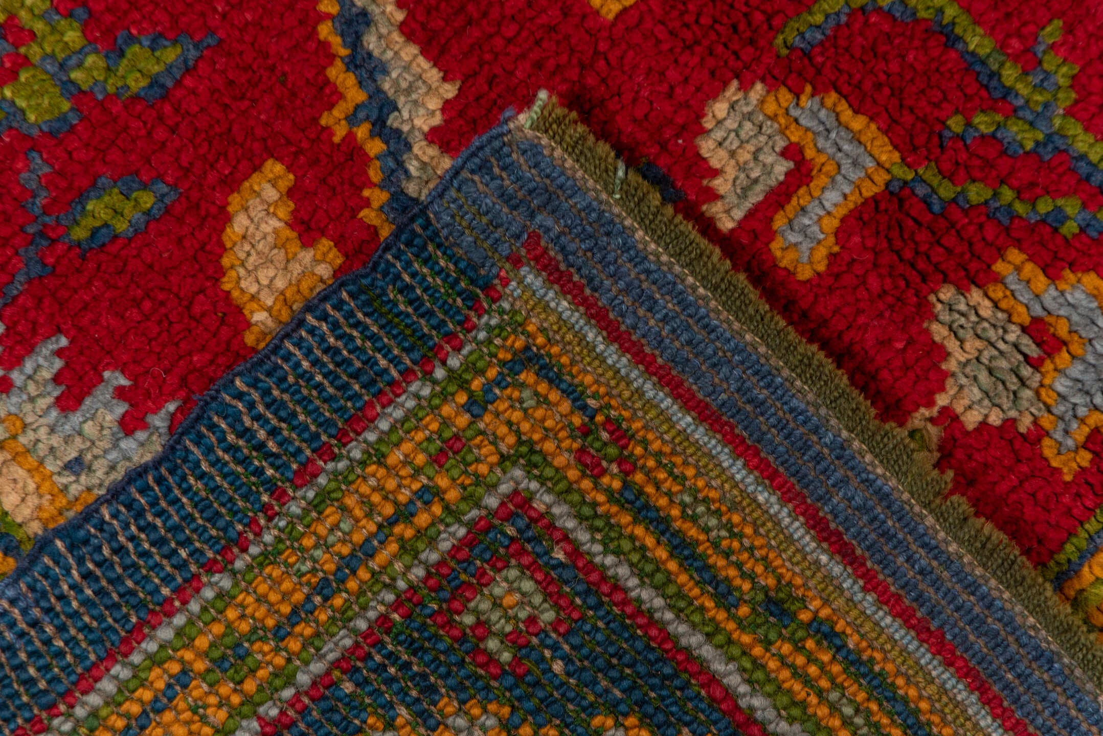 7' x 10' one-of-a-kind handmade vintage European large size rug. Color palette: red, blue, gold, ivory, sage, rust, olive