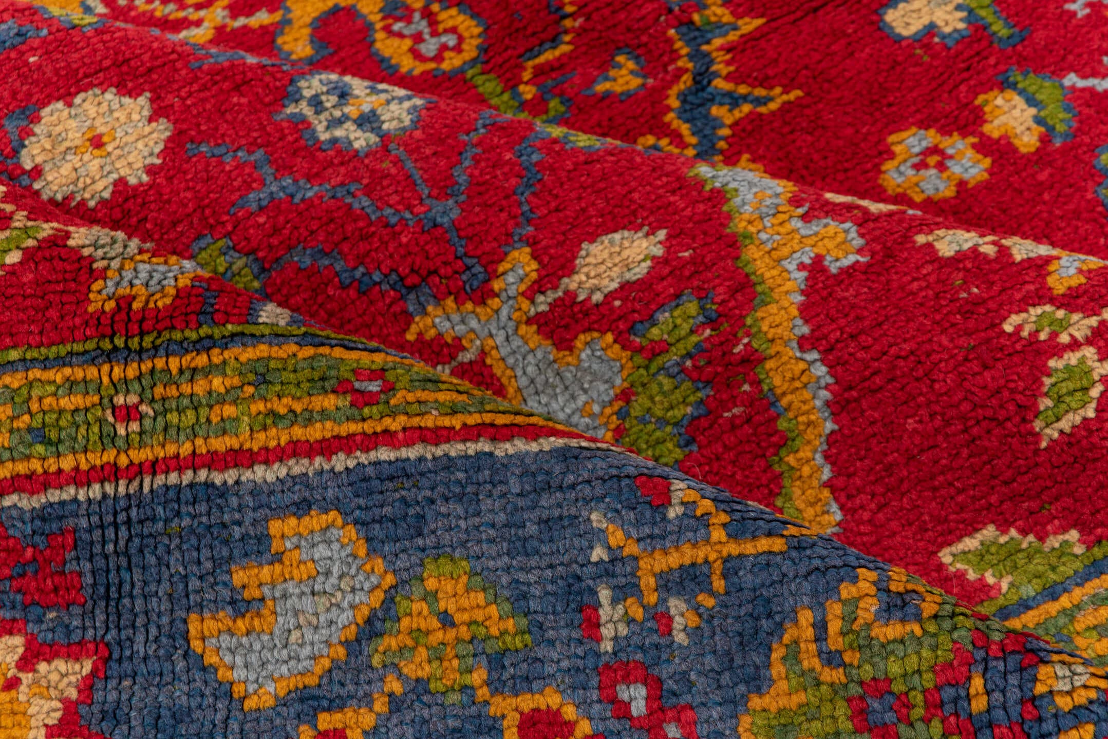 7' x 10' one-of-a-kind handmade vintage European large size rug. Color palette: red, blue, gold, ivory, sage, rust, olive